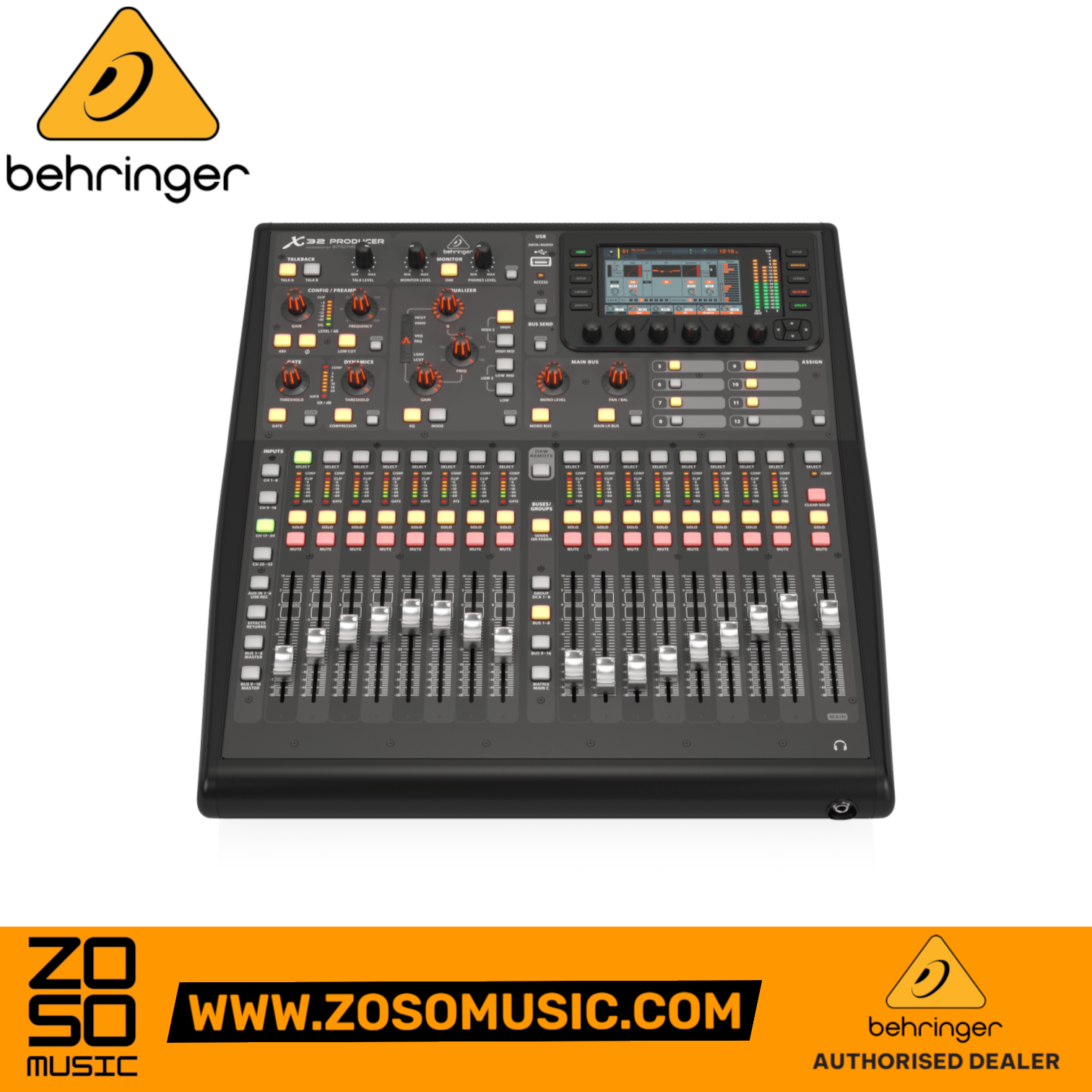 Zoso Music Behringer X32 Producer digital mixer featuring motorized faders, color TFT screen, and Midas mic preamps.