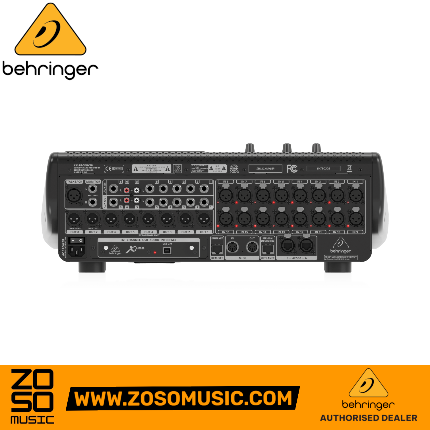 Rear panel of Zoso Music Behringer X32 Producer digital mixer showing XLR inputs, outputs, and connectivity ports.