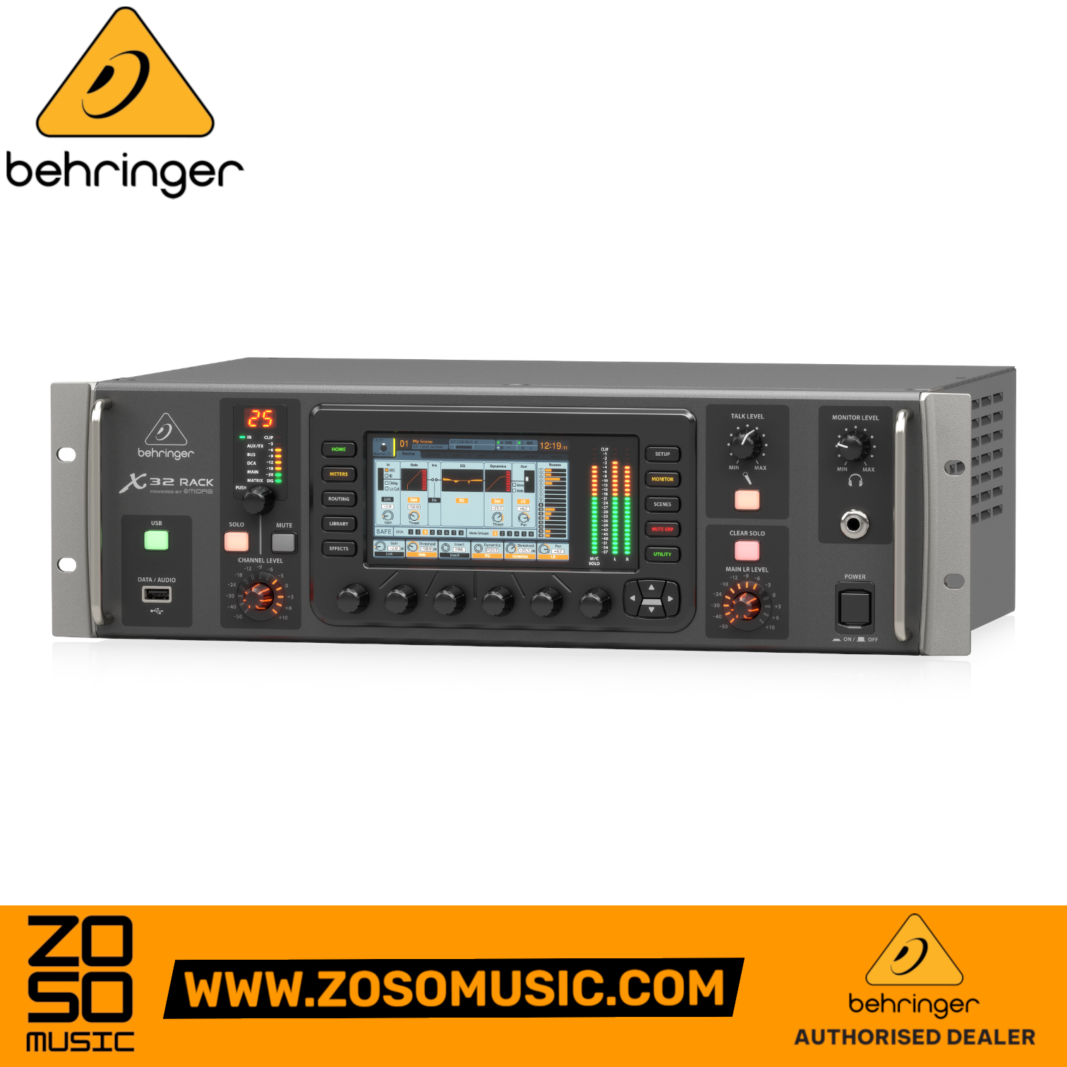 Zoso Music Behringer X32 Rack digital mixer with 5-inch color TFT display and rack-mount design for live sound.