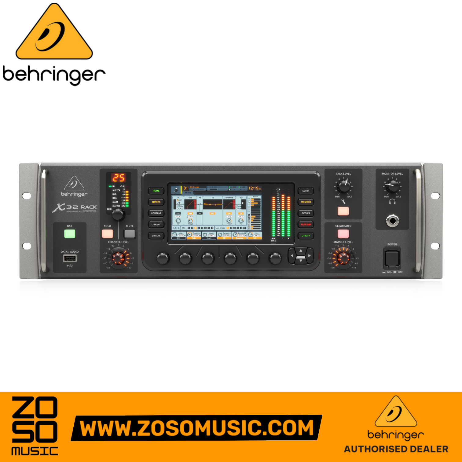 Zoso Music Behringer X32 Rack 40-channel digital mixer with 5-inch color TFT display and rackmount design.