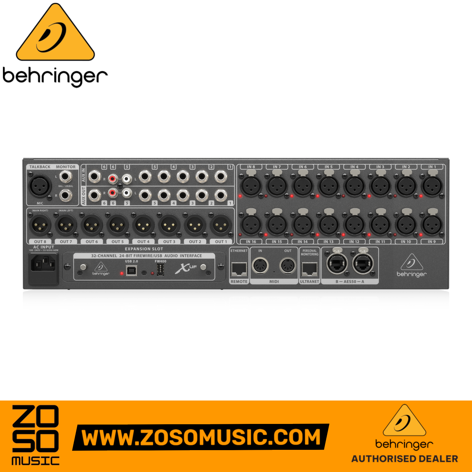 Rear panel of the Zoso Music Behringer X32 Rack digital mixer showing XLR inputs, outputs, and digital connectivity ports.