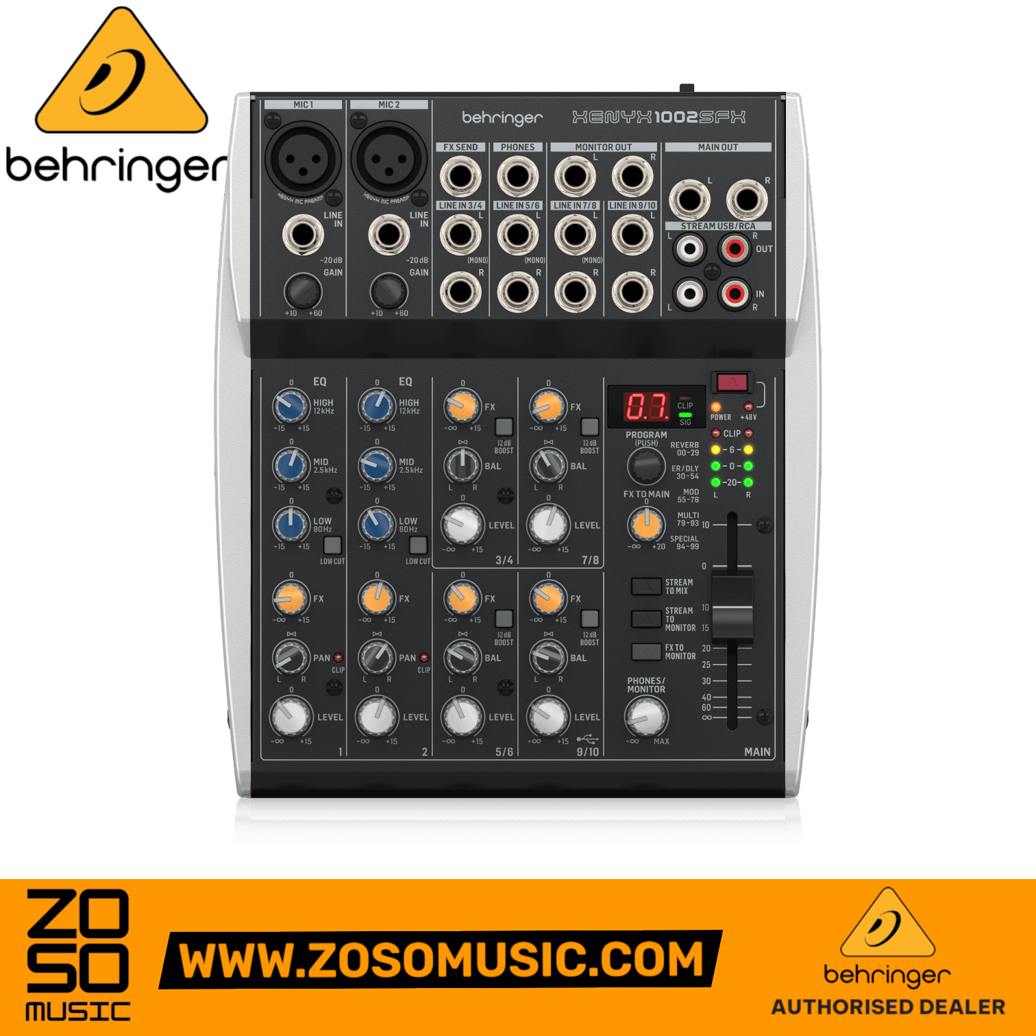 Zoso Music Behringer XENYX 1002SFX 10-input analog mixer with USB interface and Klark Teknik effects controls.