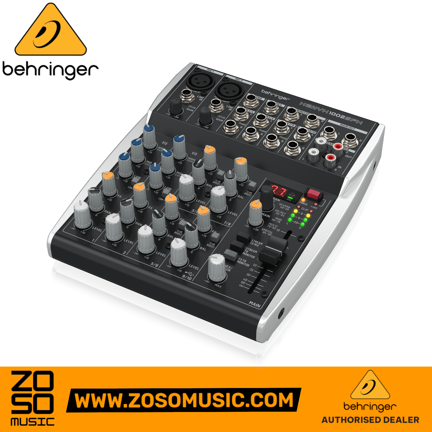 Zoso Music Behringer XENYX 1002SFX 10-input analog mixer with USB interface and Klark Teknik effects.