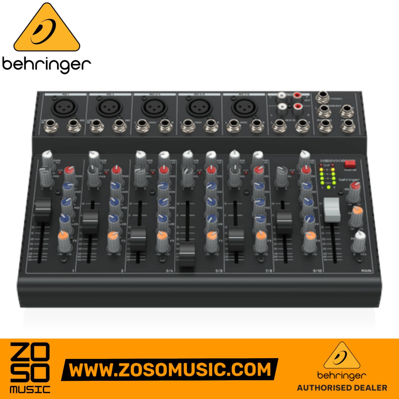 Zoso Music Behringer XENYX 1003B 10-input analog mixer with XLR preamps, 3-band EQ, and faders for audio production