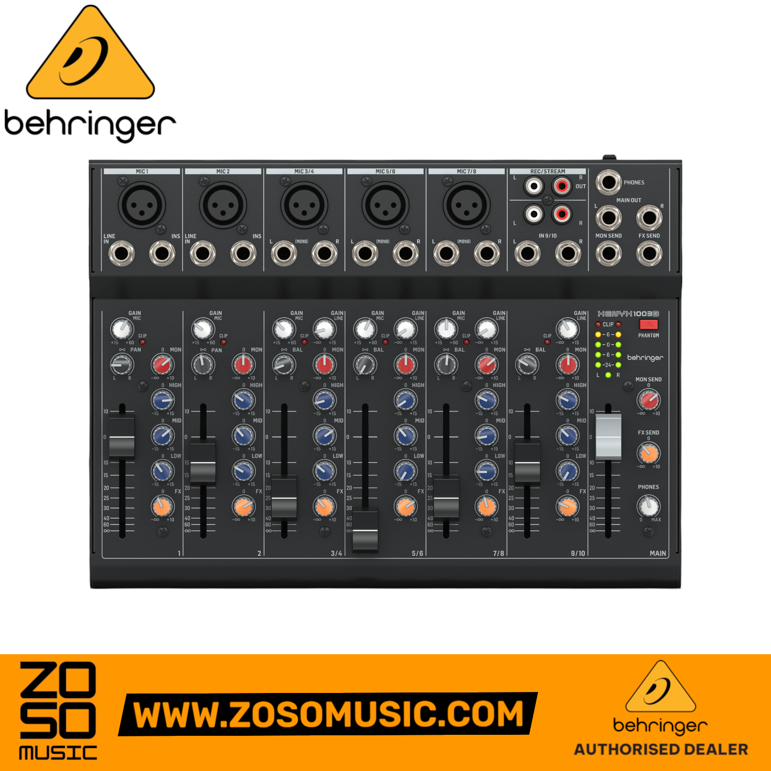 Zoso Music Behringer XENYX 1003B 10-input analog mixer with XLR mic preamps, 3-band EQ, and fader controls
