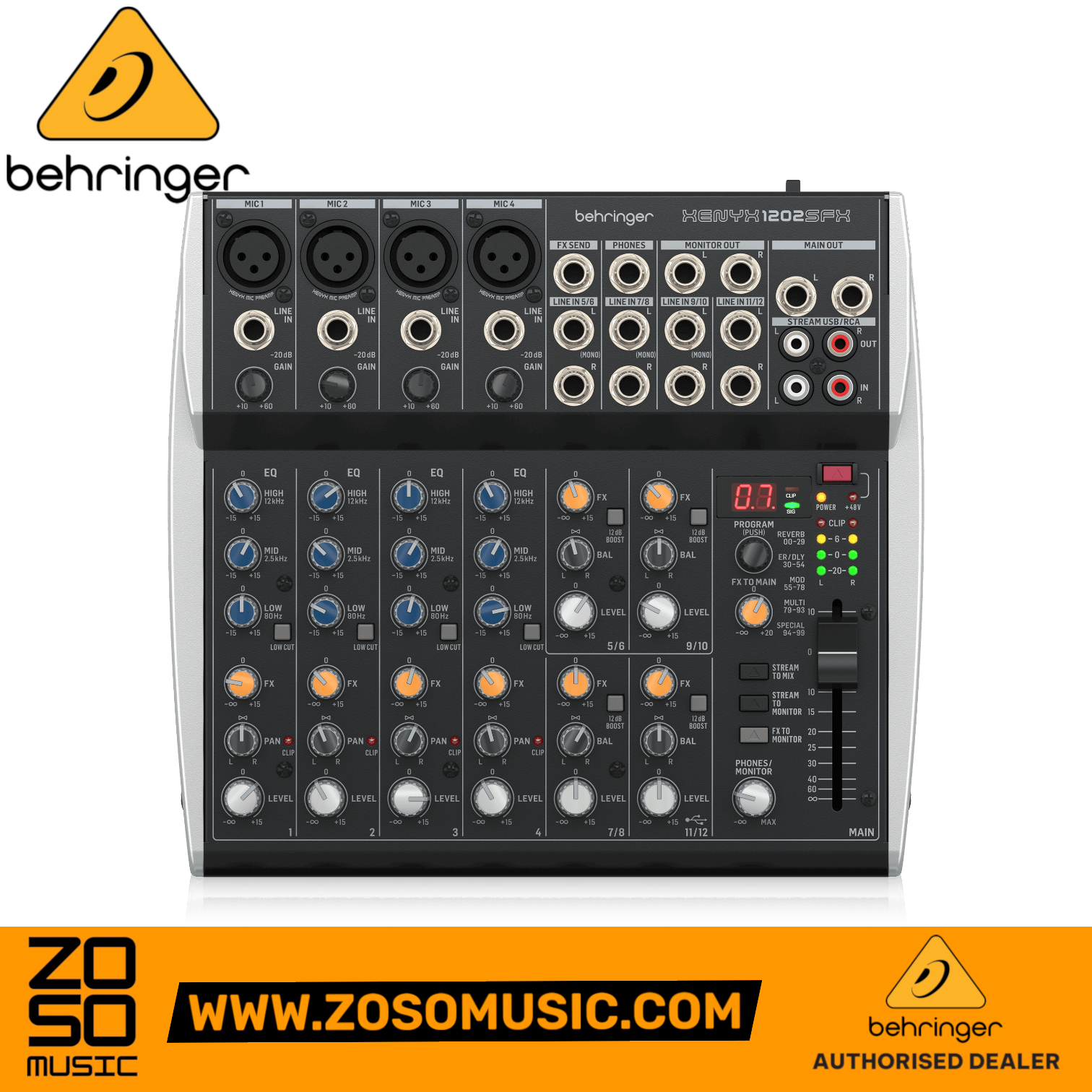 Zoso Music Behringer XENYX 1202SFX 12-input analog mixer with USB interface and Klark Teknik effects for streaming.