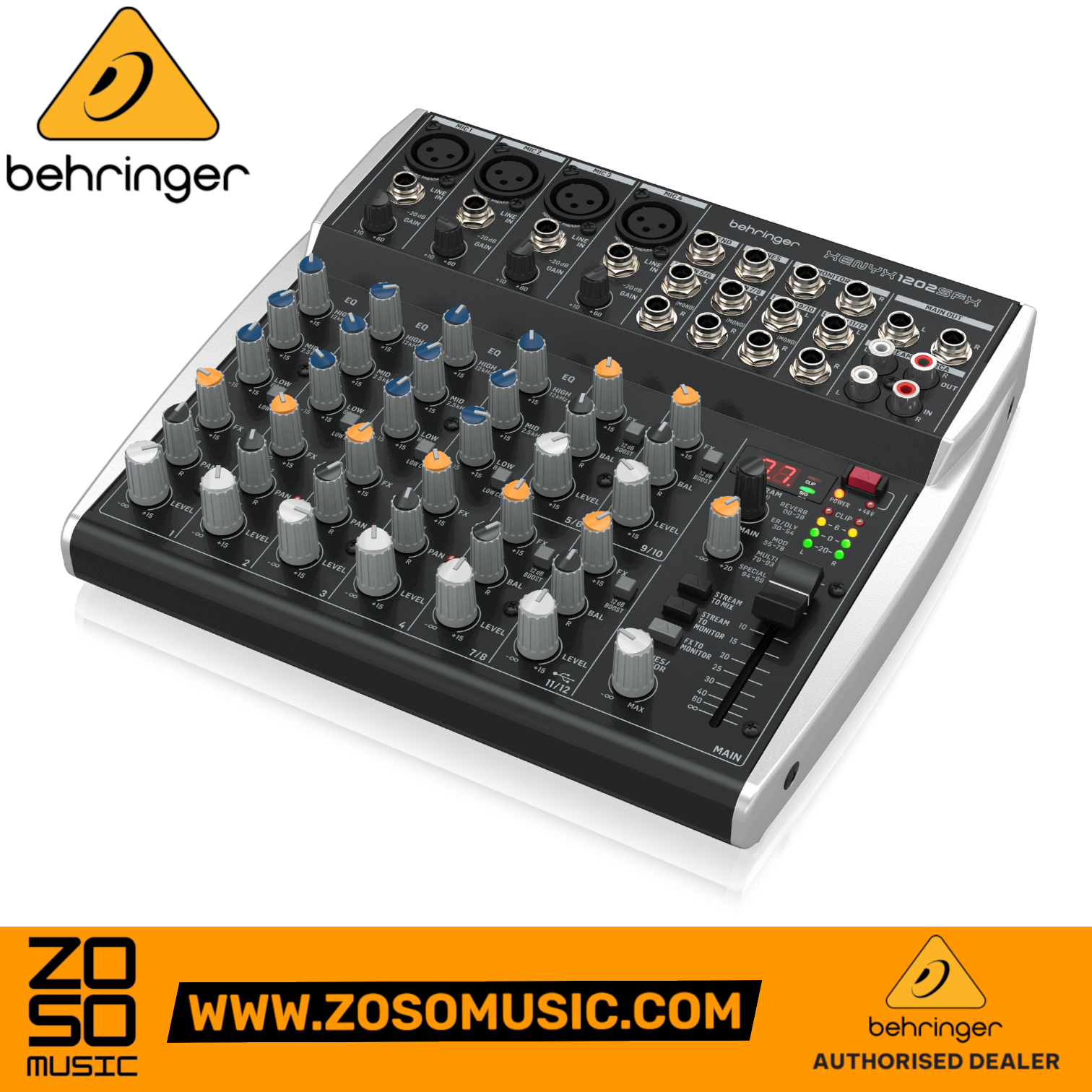 Zoso Music Behringer XENYX 1202SFX 12-input analog mixer with USB interface and Klark Teknik effects for podcasting.