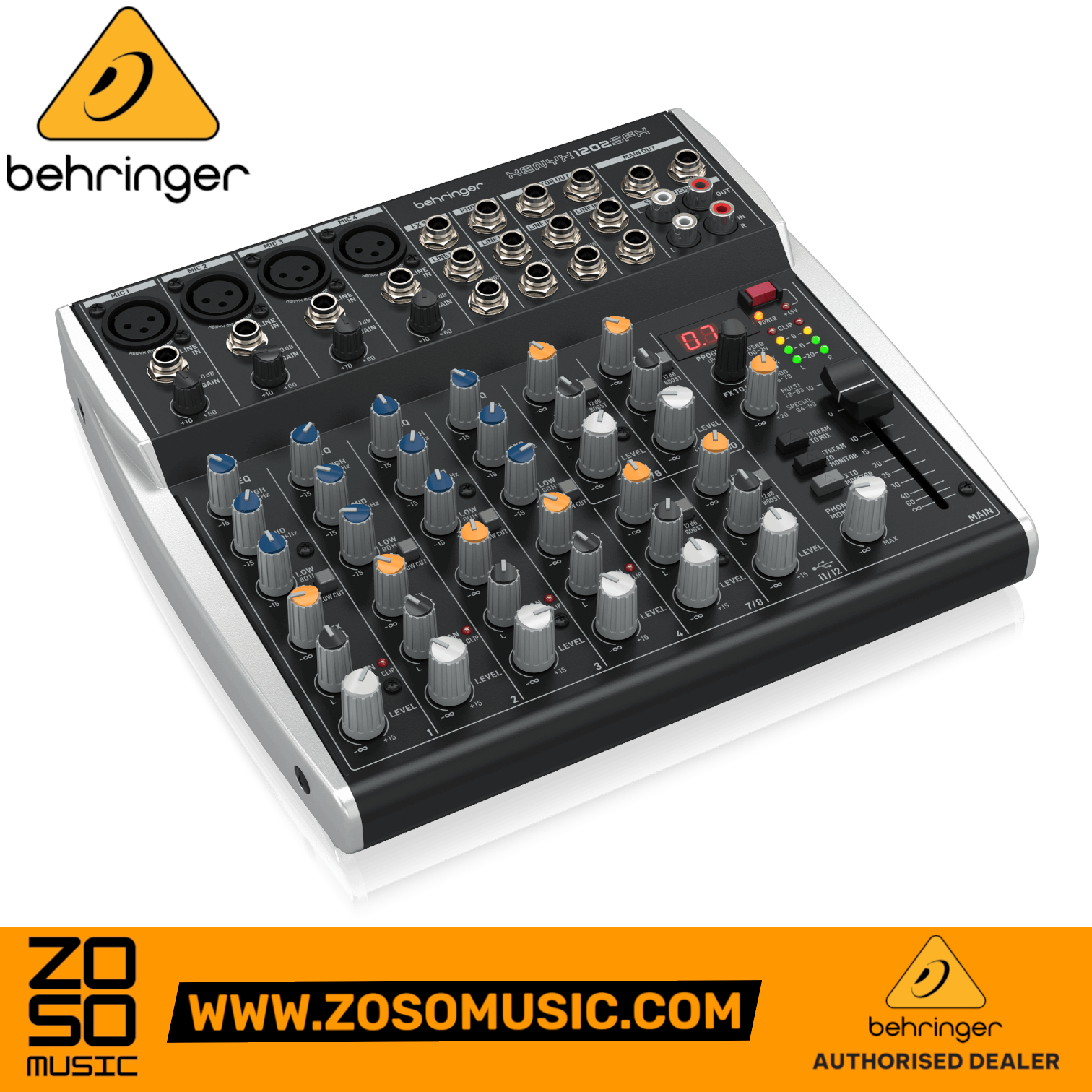 Zoso Music Behringer XENYX 1202SFX analog mixer with 12 inputs, USB interface, and Klark Teknik effects controls.