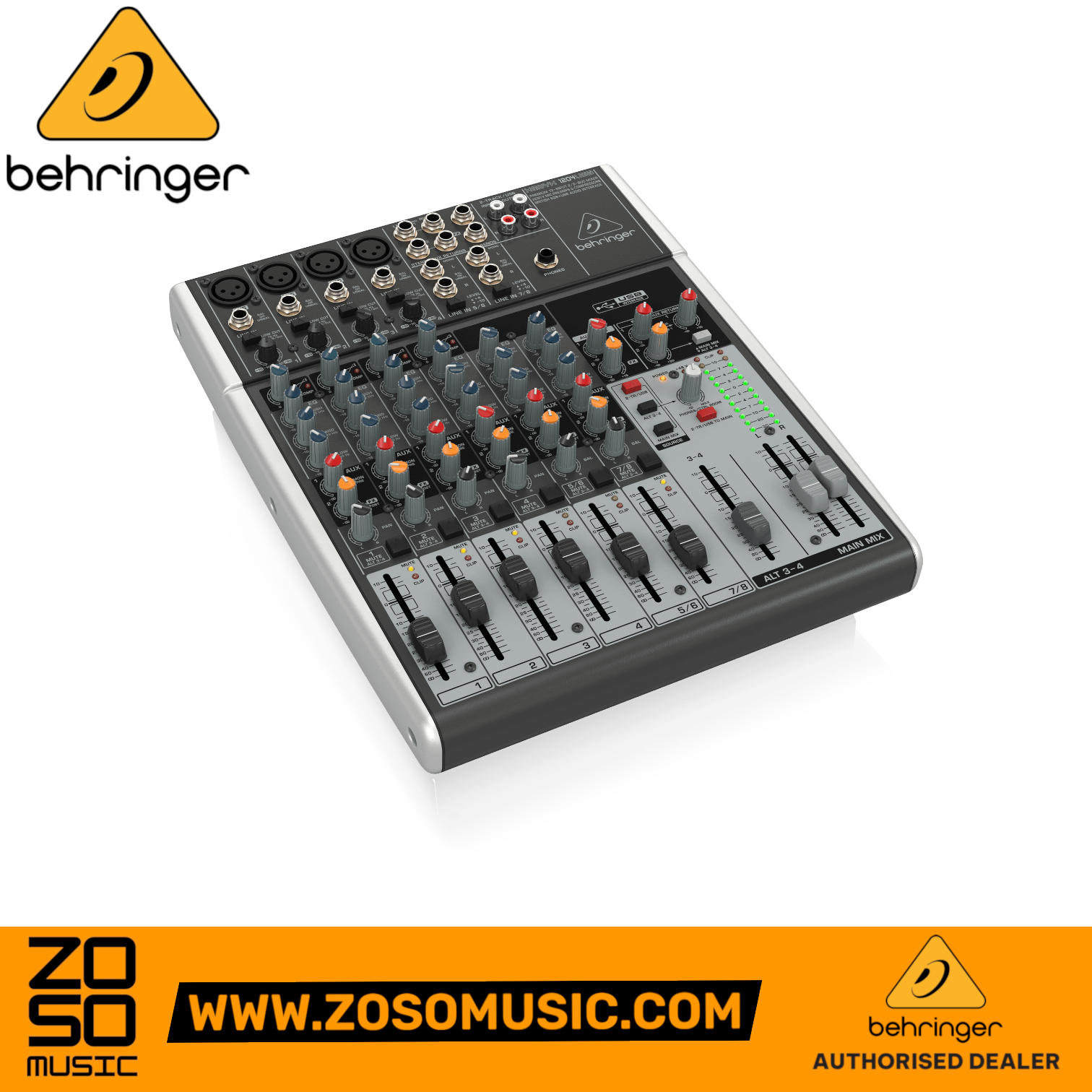 Zoso Music Behringer Xenyx 1204USB 8-channel analog audio mixer with USB connectivity and 3-band EQ controls.