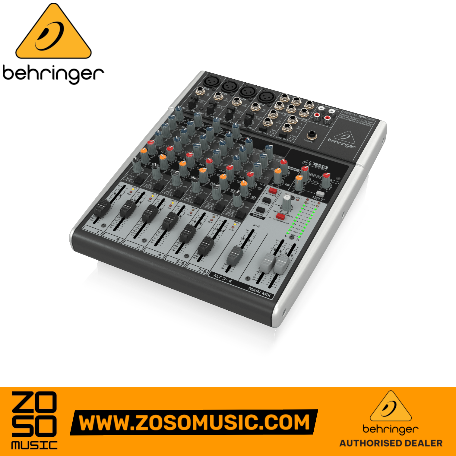 Zoso Music Behringer Xenyx 1204USB 8-channel analog mixer with USB interface, featuring faders and rotary knobs.