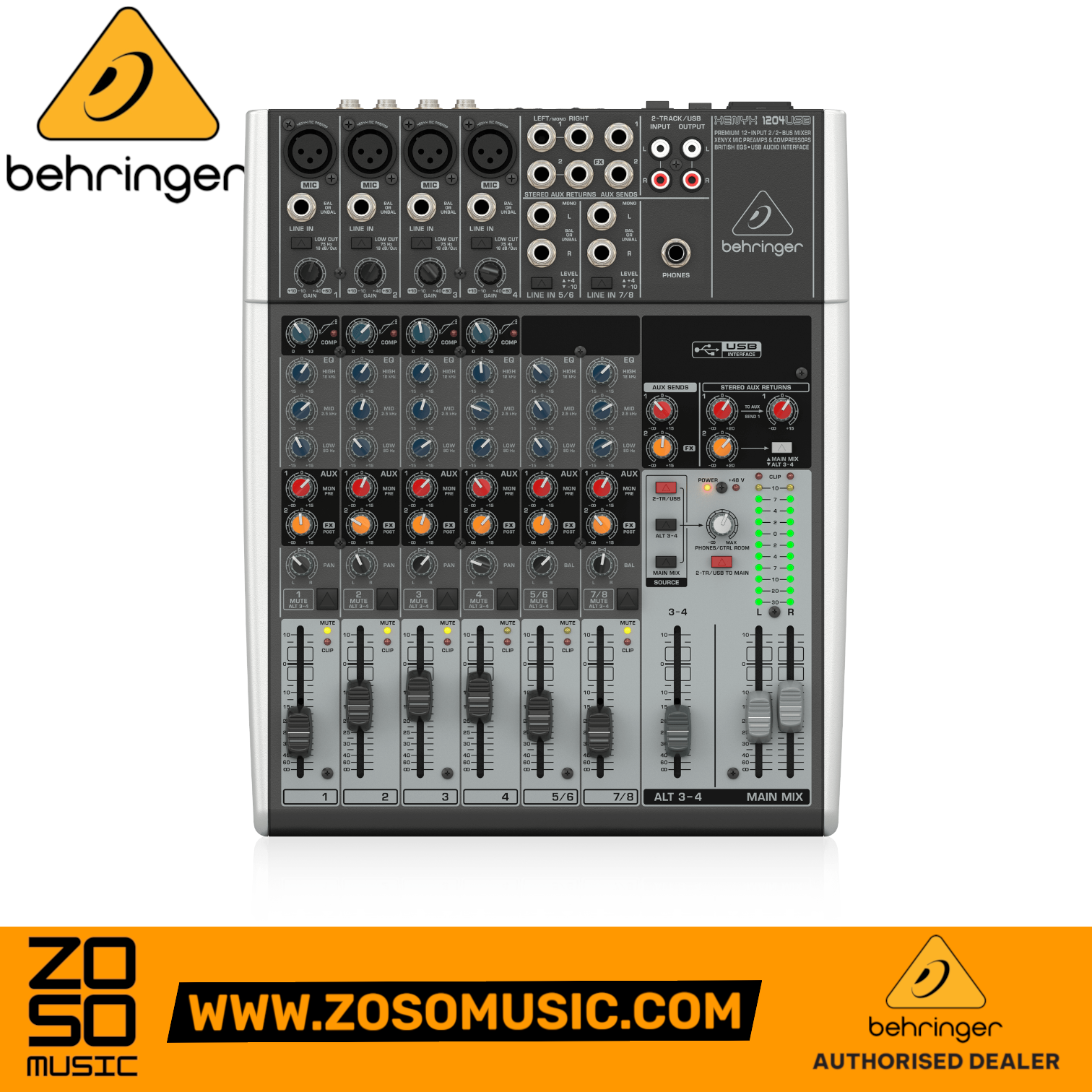 Zoso Music Behringer Xenyx 1204USB 8-channel analog audio mixer with USB interface and fader controls