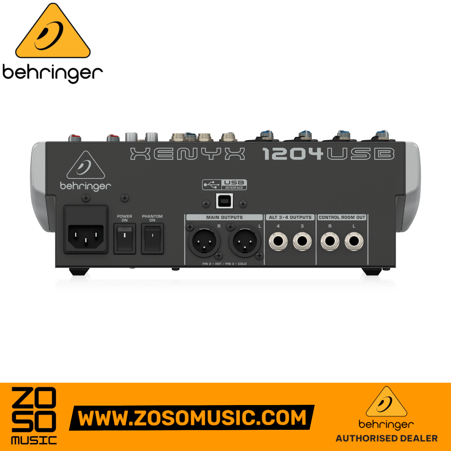 Zoso Music Behringer Xenyx 1204USB mixer rear panel showing XLR and TRS outputs, USB port, and power switches.