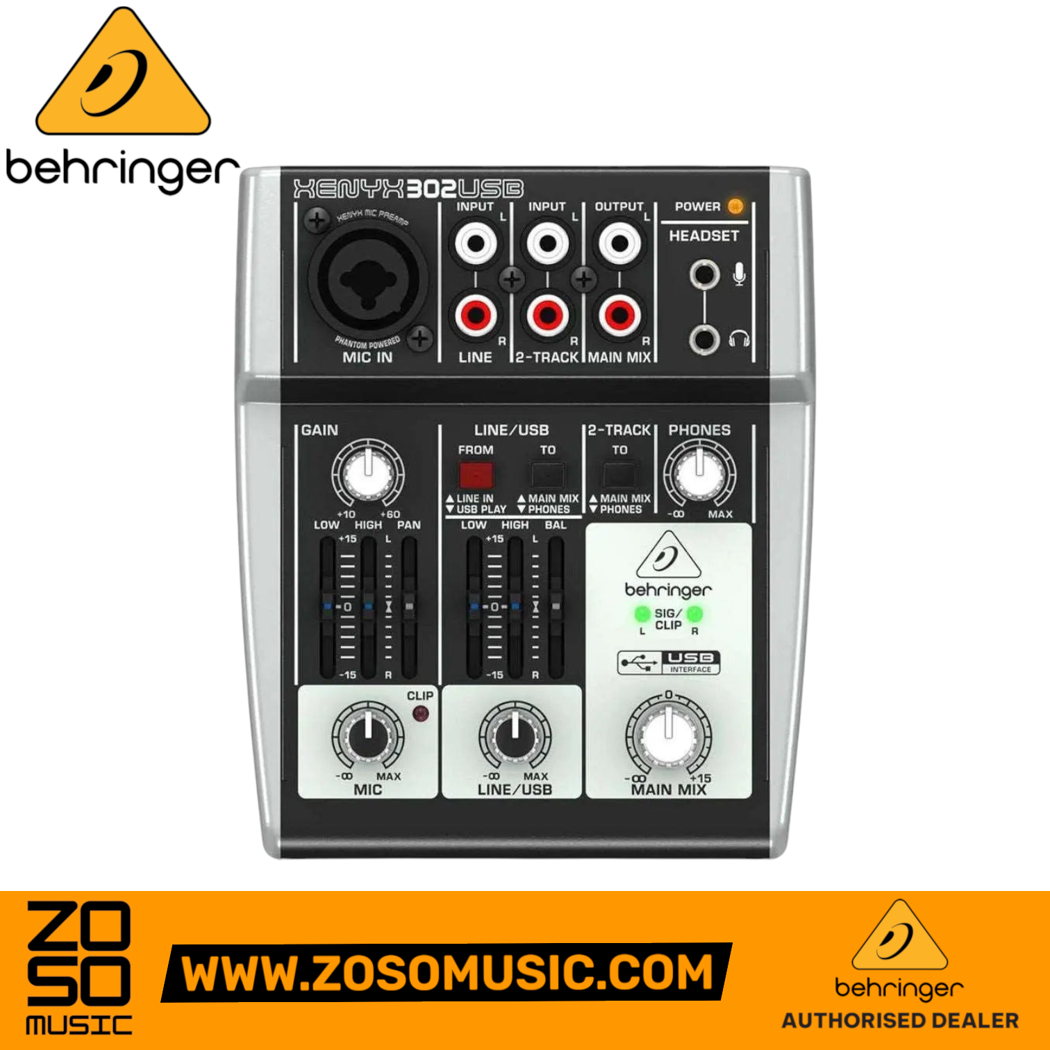 Zoso Music Behringer XENYX 302USB compact analog mixer with USB interface, mic preamp, and British-style EQ controls.