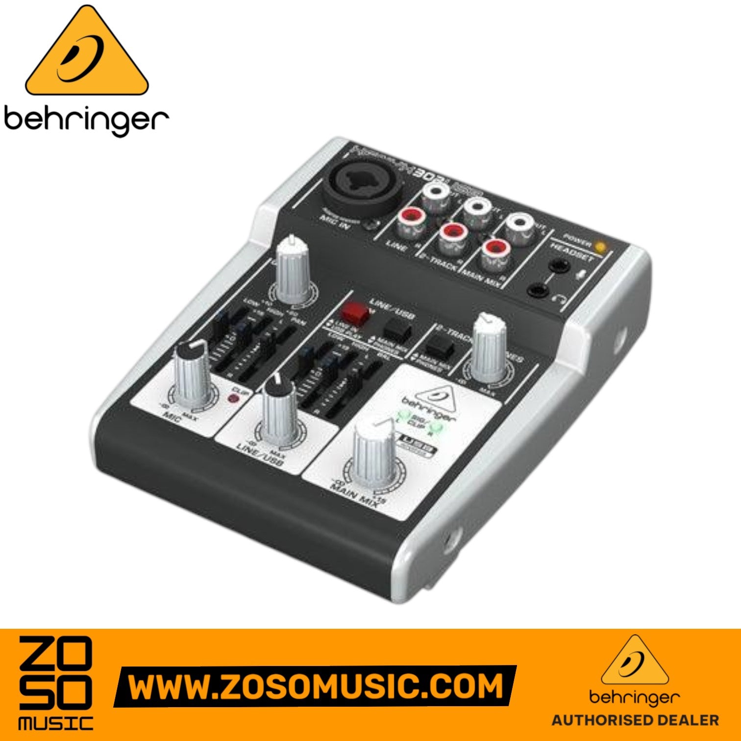 Zoso Music Behringer XENYX 302USB compact desktop mixer with USB interface and mic preamp controls