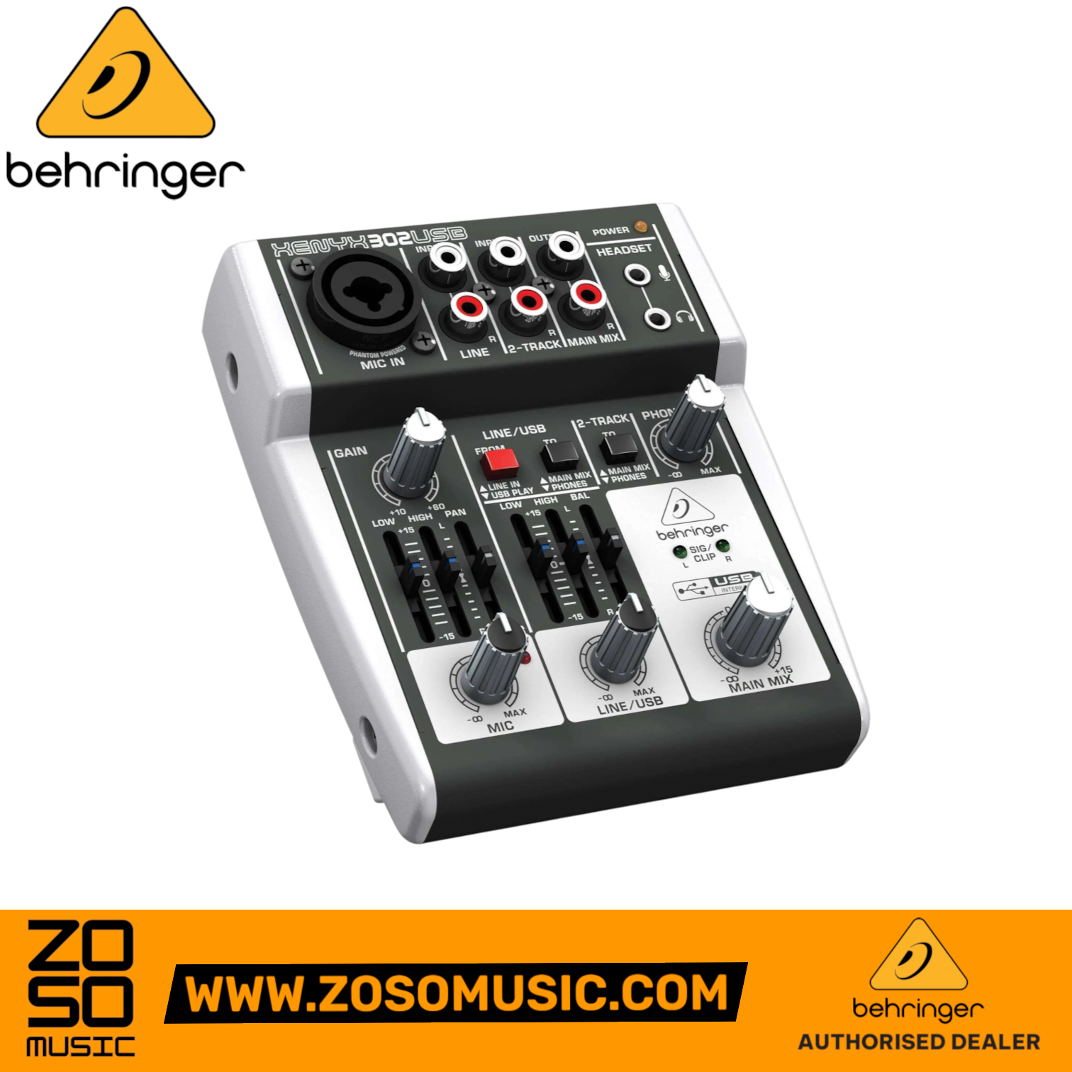 Zoso Music Behringer XENYX 302USB compact analog mixer with USB interface, mic preamp, and British-style EQ controls.