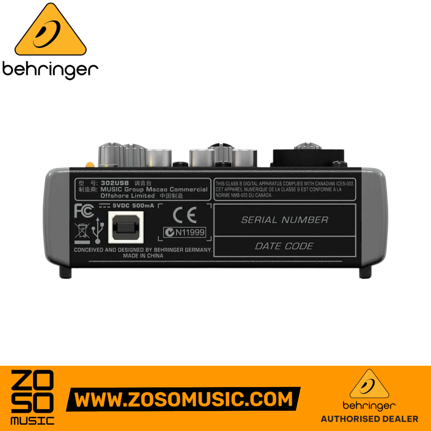 Rear view of the Zoso Music Behringer XENYX 302USB analog mixer showing the USB port and serial number label
