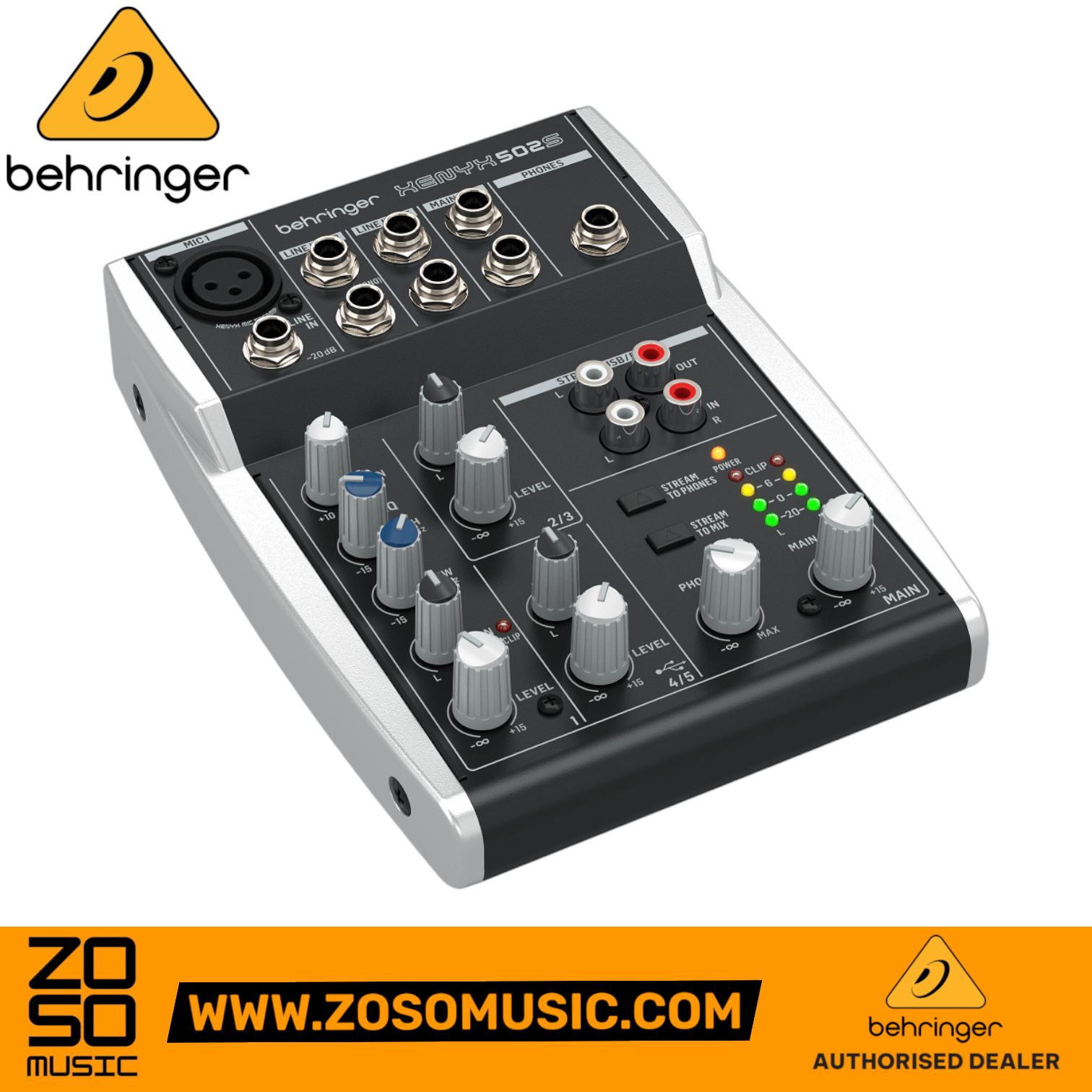 Zoso Music Behringer XENYX 502S compact 5-channel analog mixer with USB interface and LED level meters