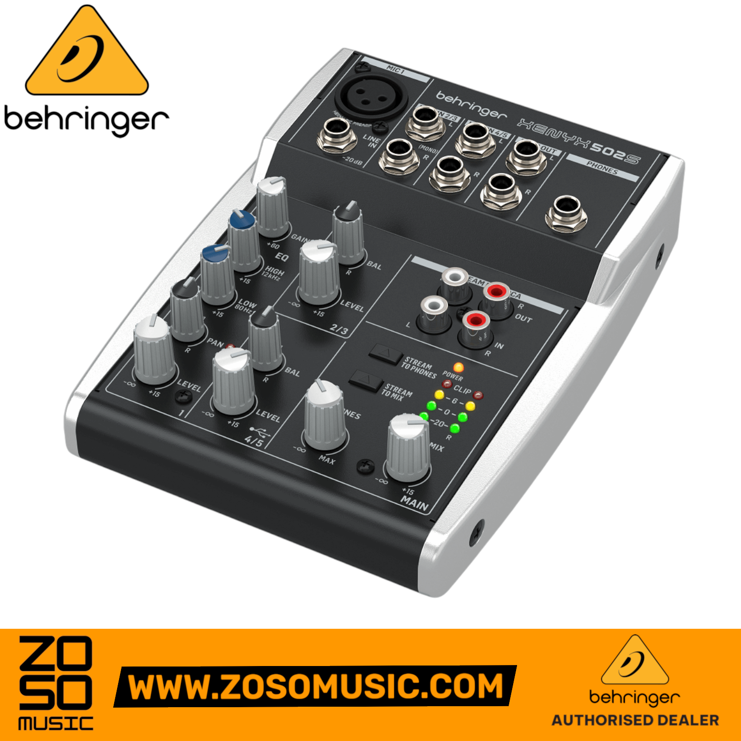 Zoso Music Behringer XENYX 502S compact 5-channel analog mixer with USB interface and control knobs