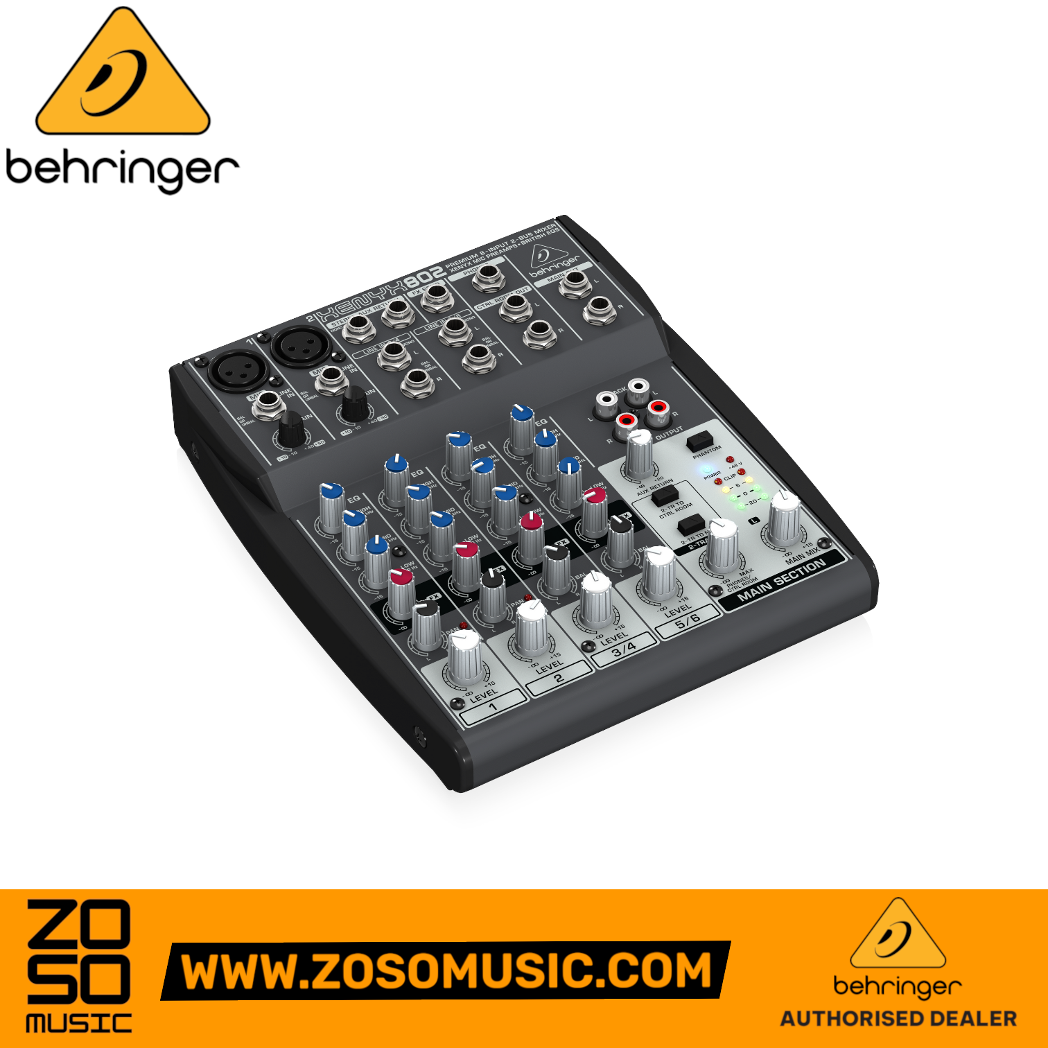 Zoso Music Behringer Xenyx 802 4-channel analog mixer with mic preamps and 3-band EQ controls