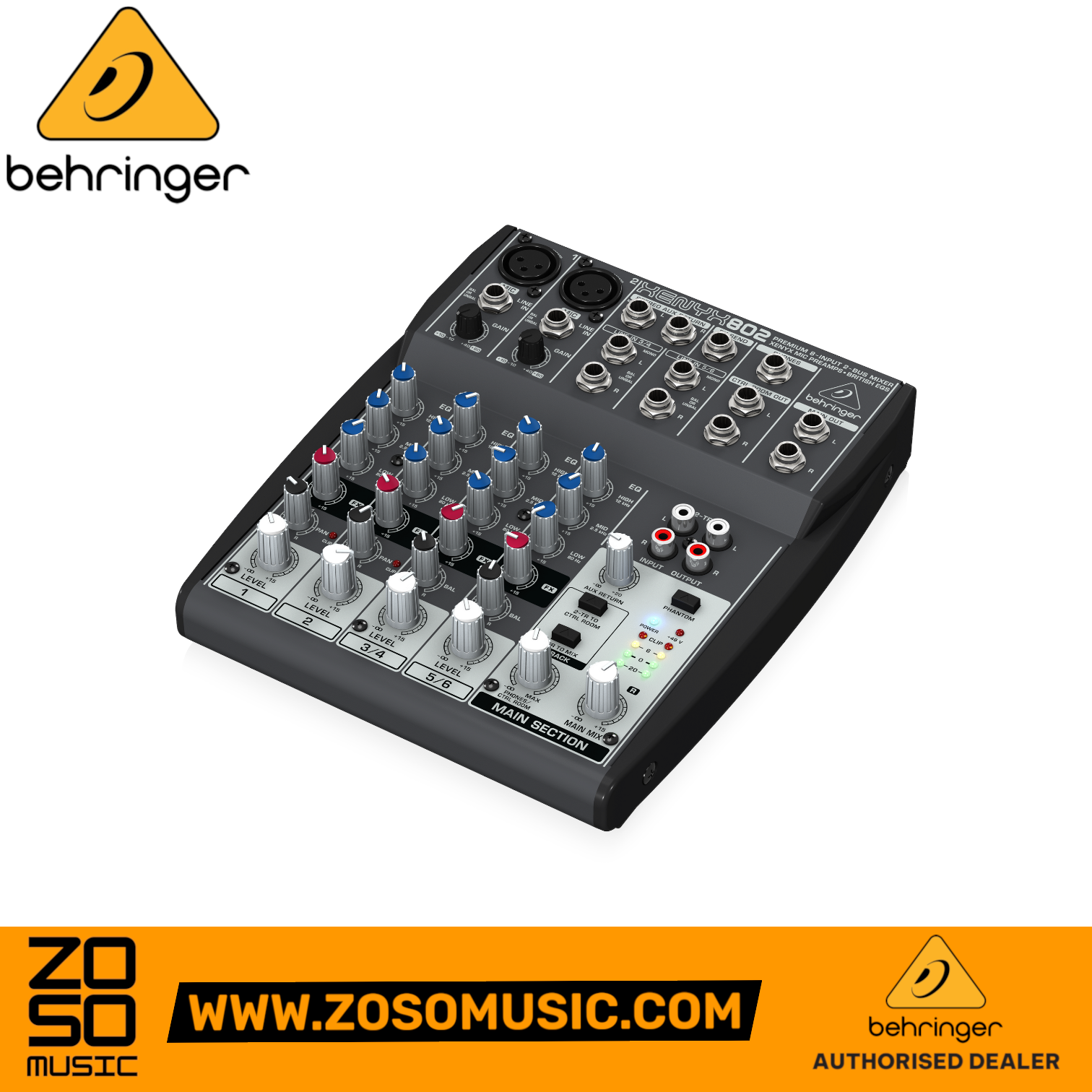 Zoso Music Behringer Xenyx 802 4-channel analog mixer with mic preamps and 3-band EQ controls