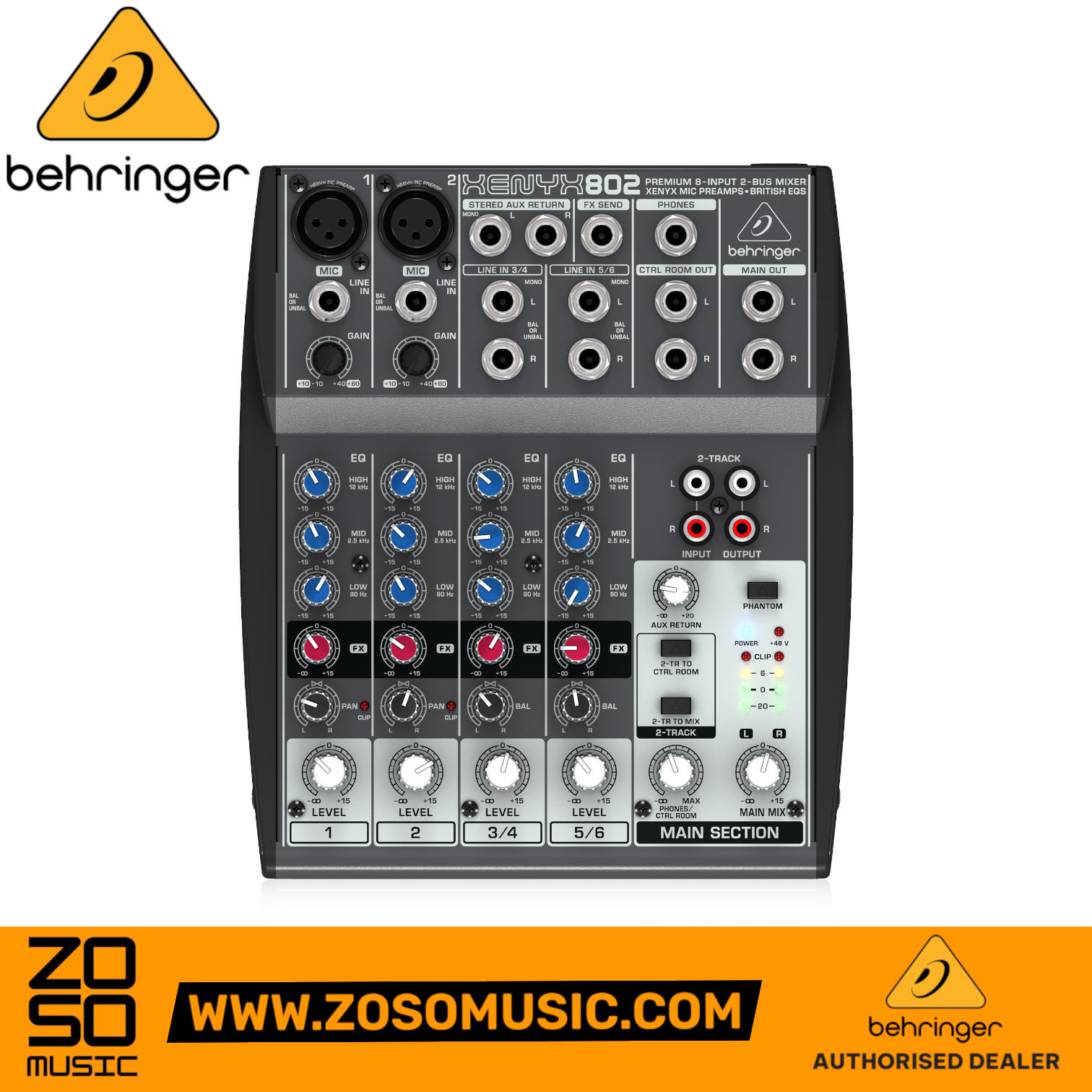 Zoso Music Behringer Xenyx 802 4-channel analog mixer with mic preamps, 3-band EQ, and stereo inputs