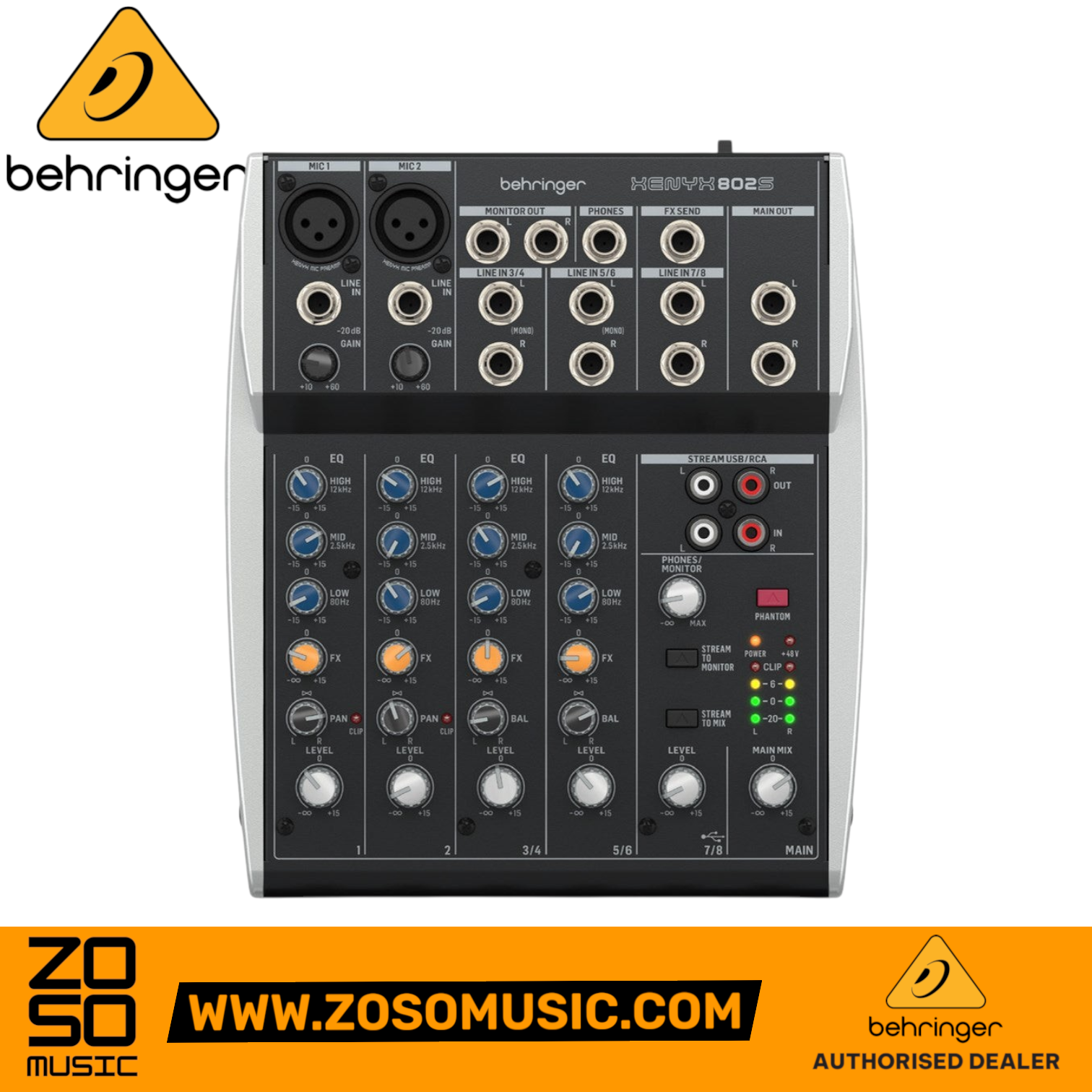 Zoso Music Behringer XENYX 802S analog mixer with USB interface, featuring 8 channels and 3-band EQ controls.