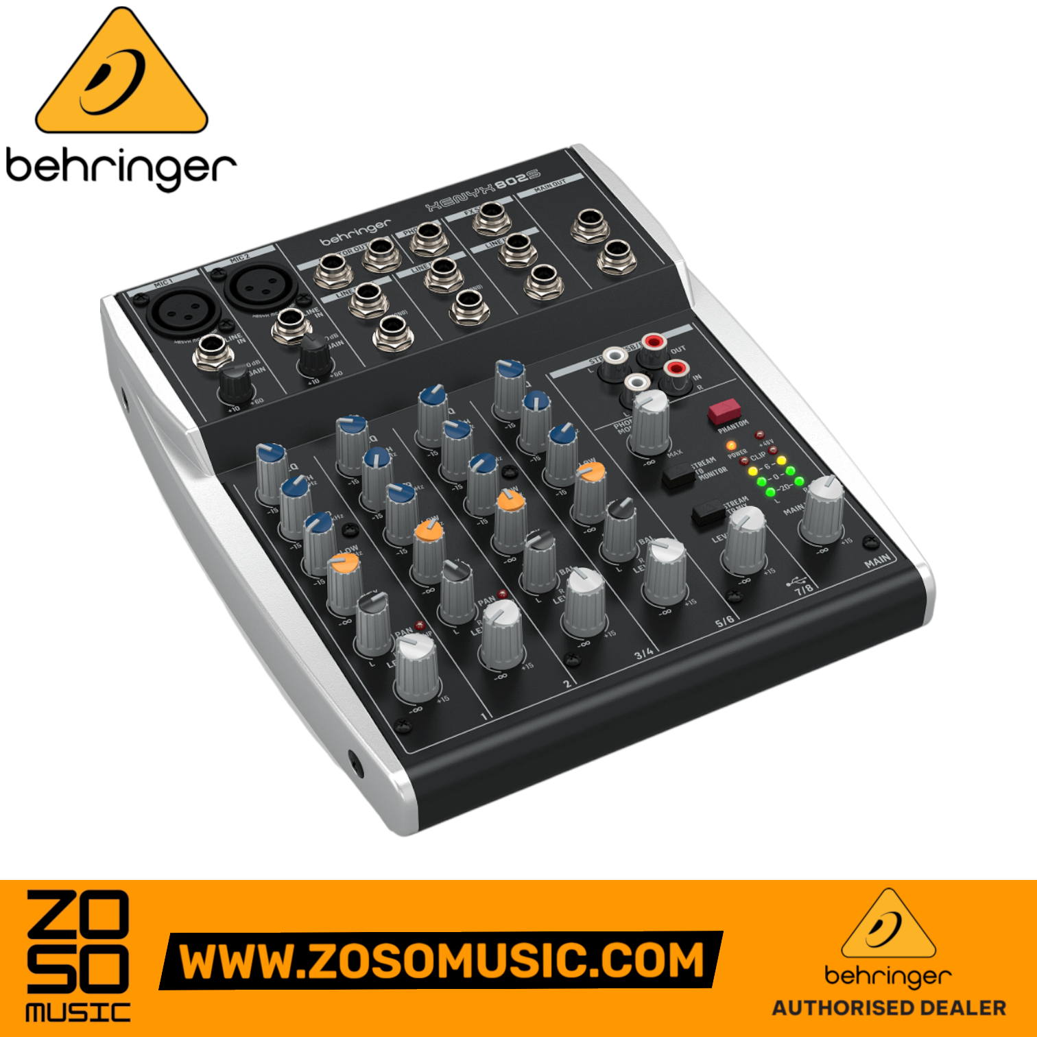 Zoso Music Behringer XENYX 802S analog 8-input streaming mixer with USB interface, featuring knobs and XLR inputs.