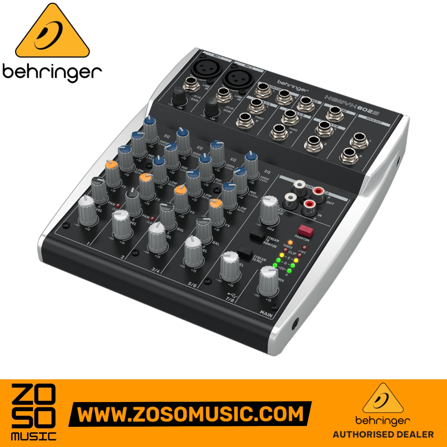 Zoso Music Behringer XENYX 802S 8-input analog streaming mixer with USB interface, XLR inputs, and 3-band EQ controls.