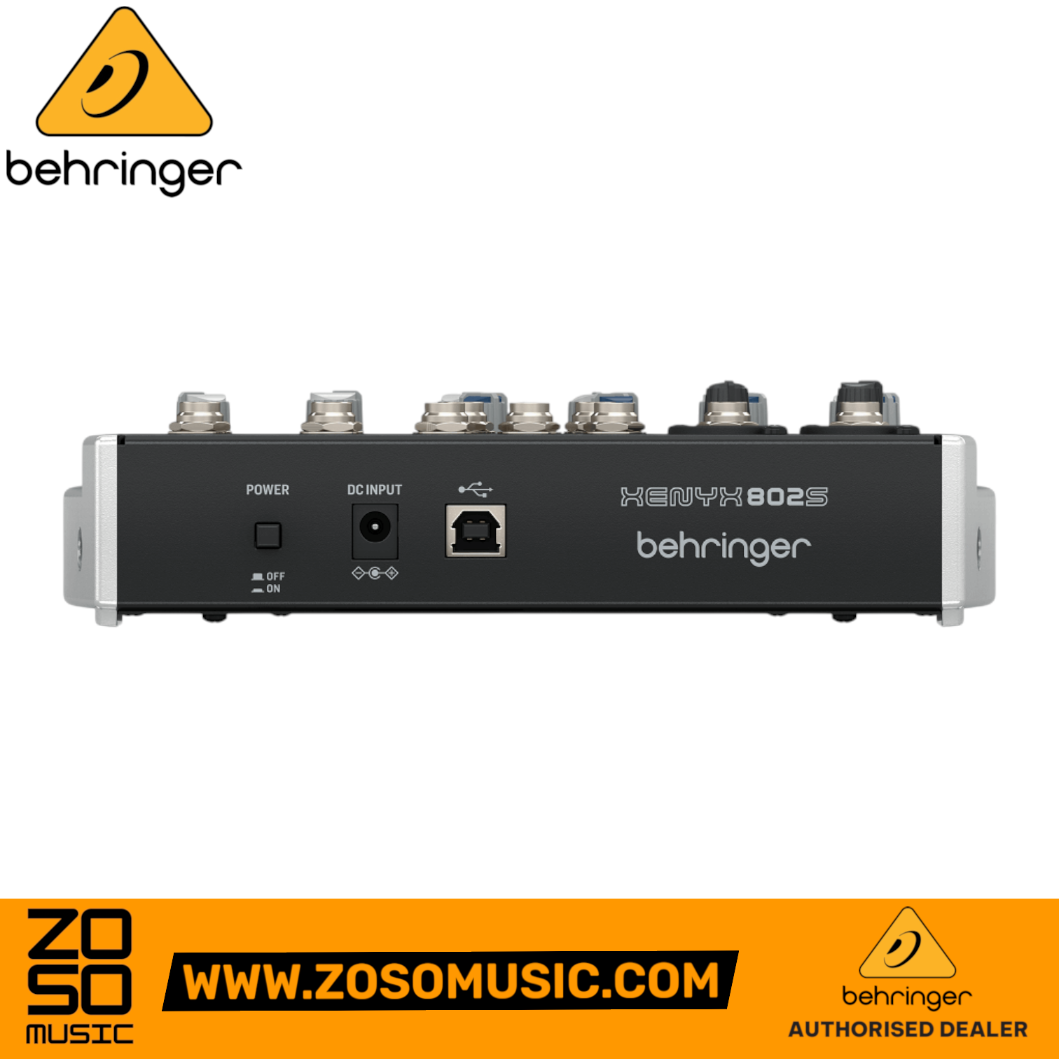 Zoso Music Behringer XENYX 802S analog mixer rear panel showing USB, power, and input ports.