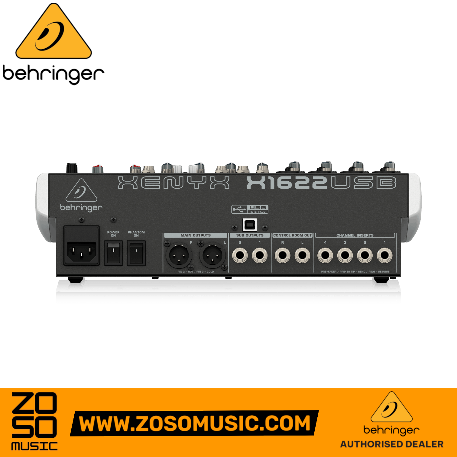 Rear panel of the Behringer Xenyx X1622USB mixer showing XLR and TRS outputs, channel inserts, and power switch at Zoso Music