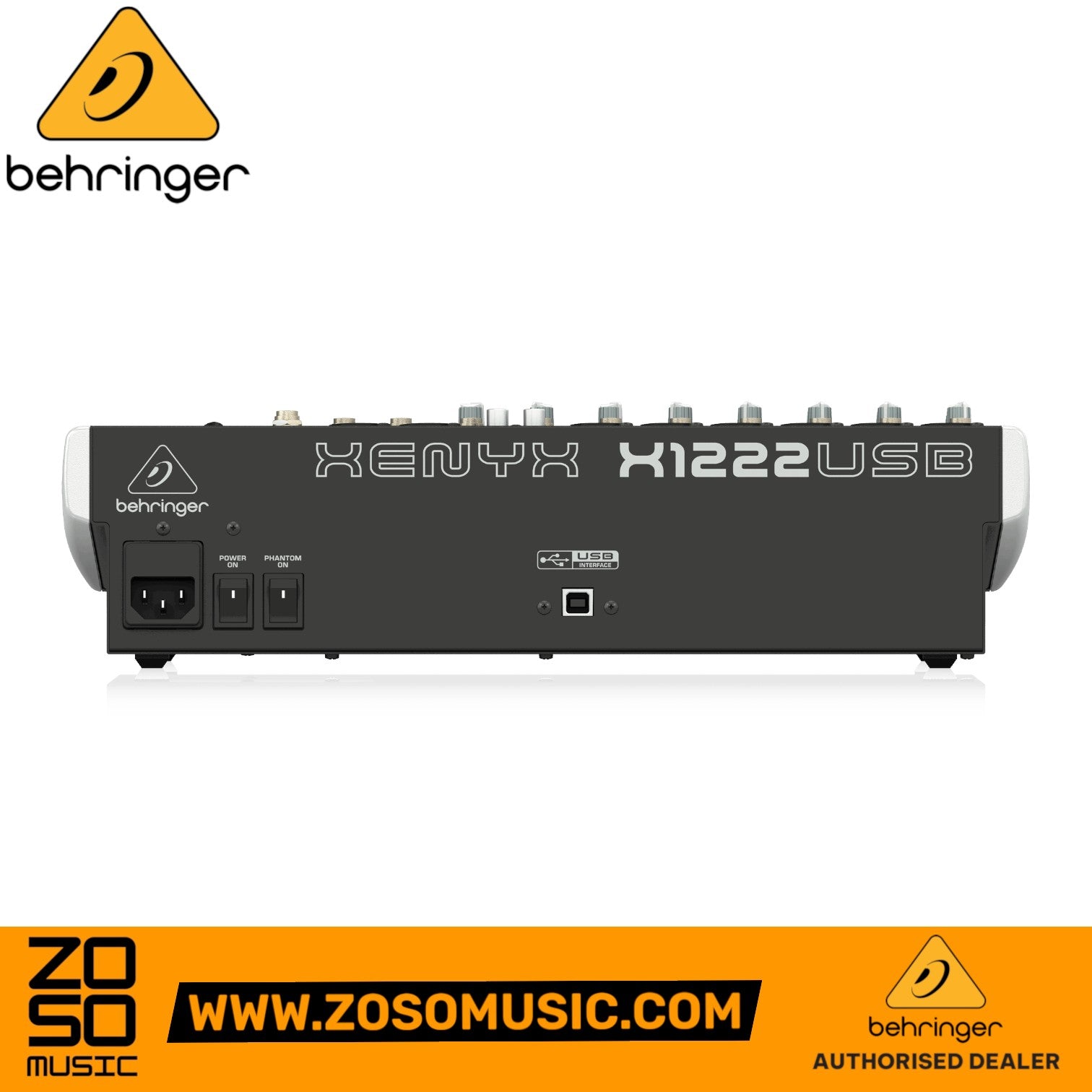 Zoso Music Behringer Xenyx X1222USB 12-channel analog mixer rear panel view showing power and USB connectivity