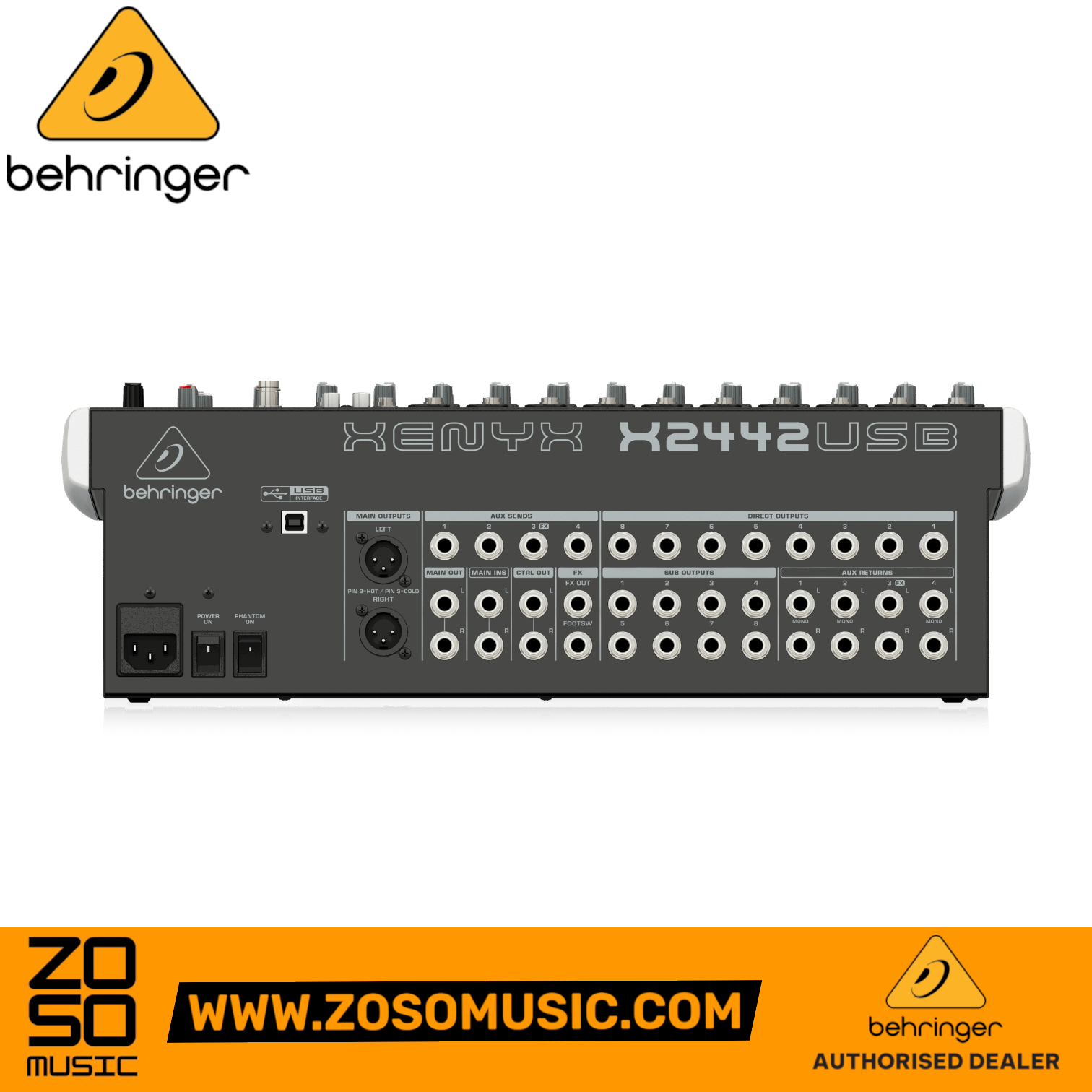 Zoso Music Behringer Xenyx X2442USB mixer rear panel showing XLR and TRS inputs, USB port, and power controls.