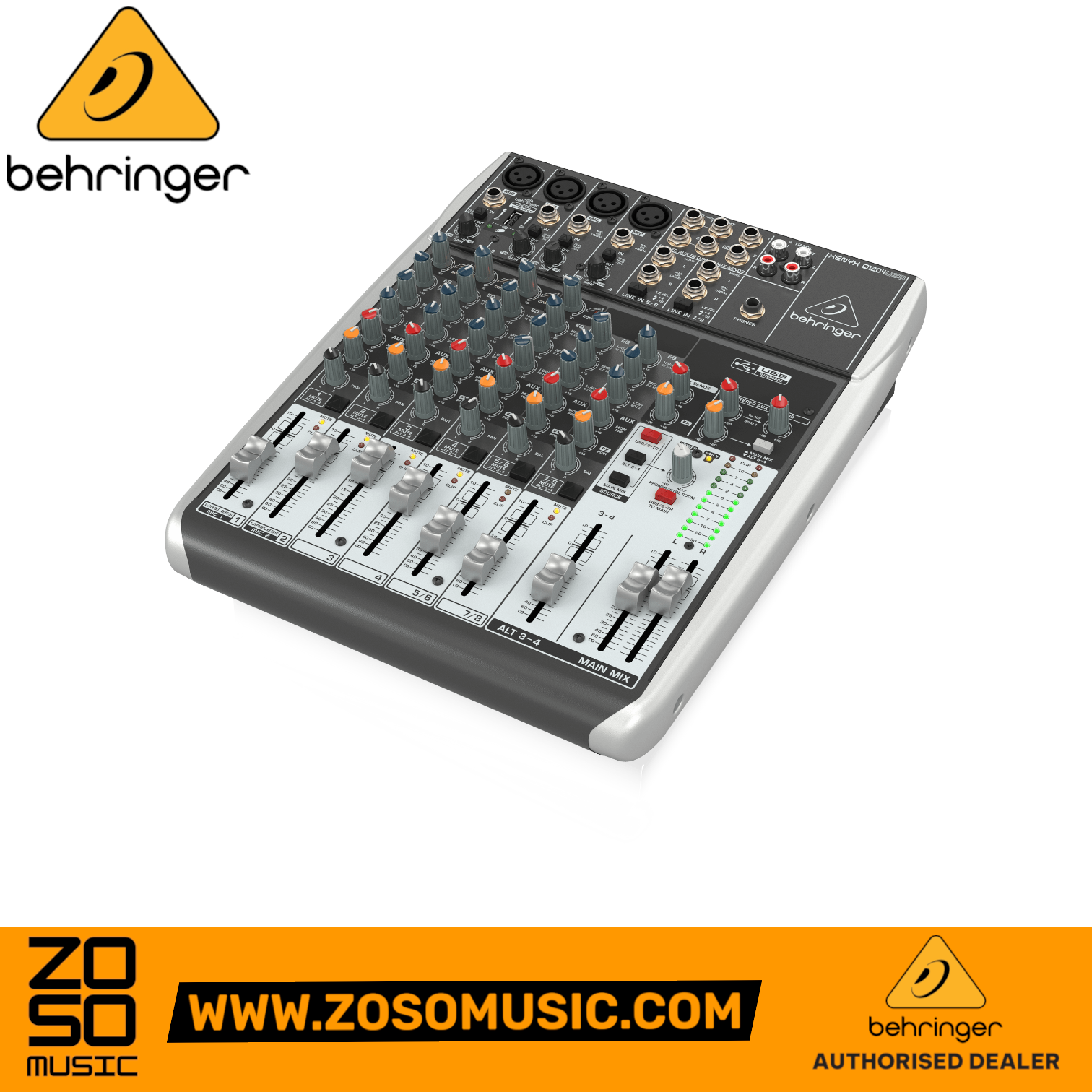 Zoso Music Behringer XENYX Q1204USB 12-input analog mixer with USB interface, faders, and rotary controls.