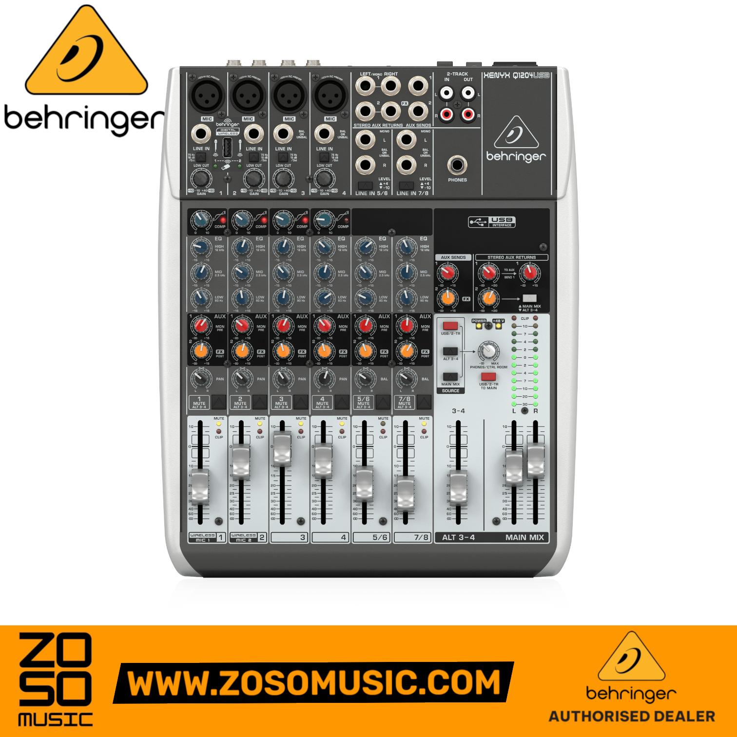 Zoso Music Behringer XENYX Q1204USB 12-input analog mixer with USB interface, faders, and 3-band EQ controls.