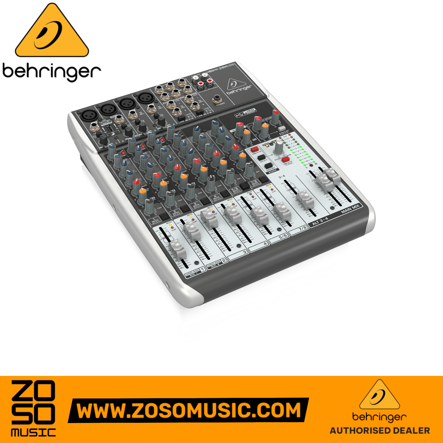 Zoso Music Behringer XENYX Q1204USB 12-input analog mixer with USB interface, faders, and 3-band EQ controls.