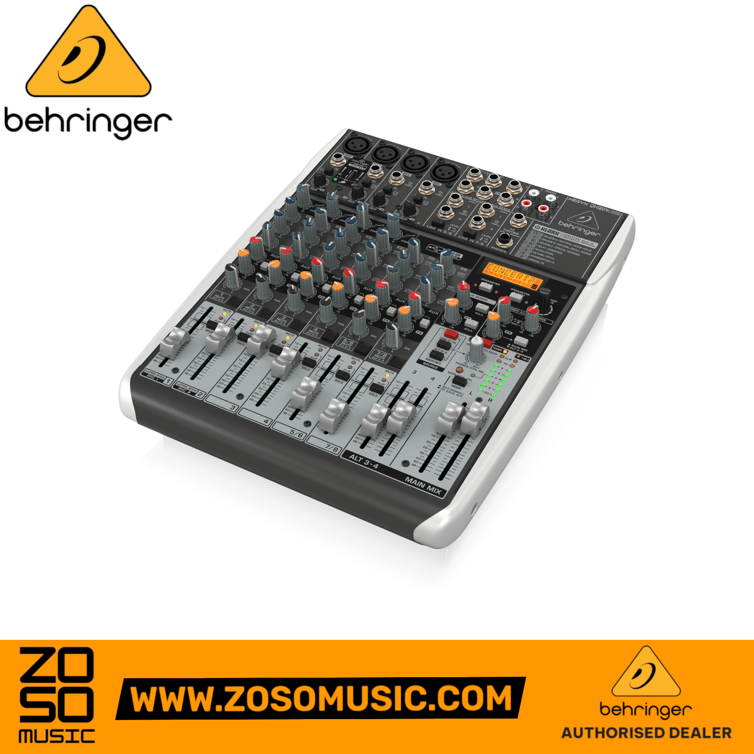 Zoso Music Behringer Xenyx QX1204USB analog mixer with 12 inputs, USB interface, and Klark Teknik FX processor