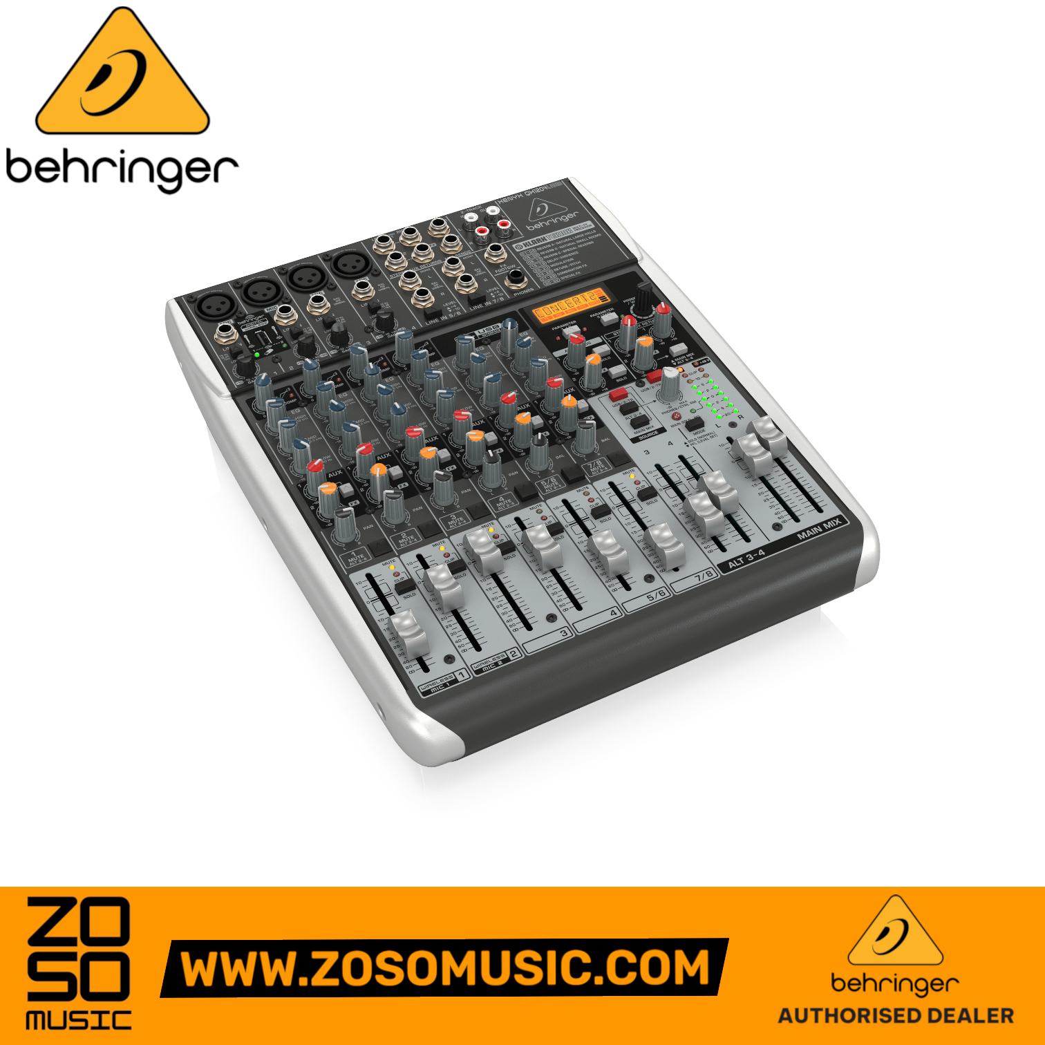 Zoso Music Behringer Xenyx QX1204USB analog mixer with 12 inputs, USB interface, and Klark Teknik FX processor.