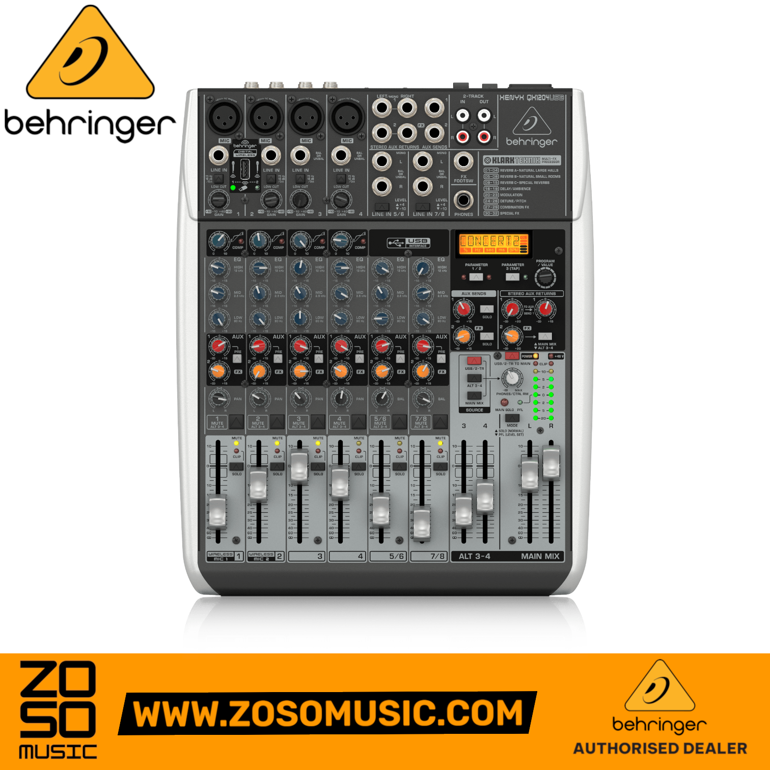 Zoso Music Behringer Xenyx QX1204USB analog mixer with USB interface, Klark Teknik FX, and faders.