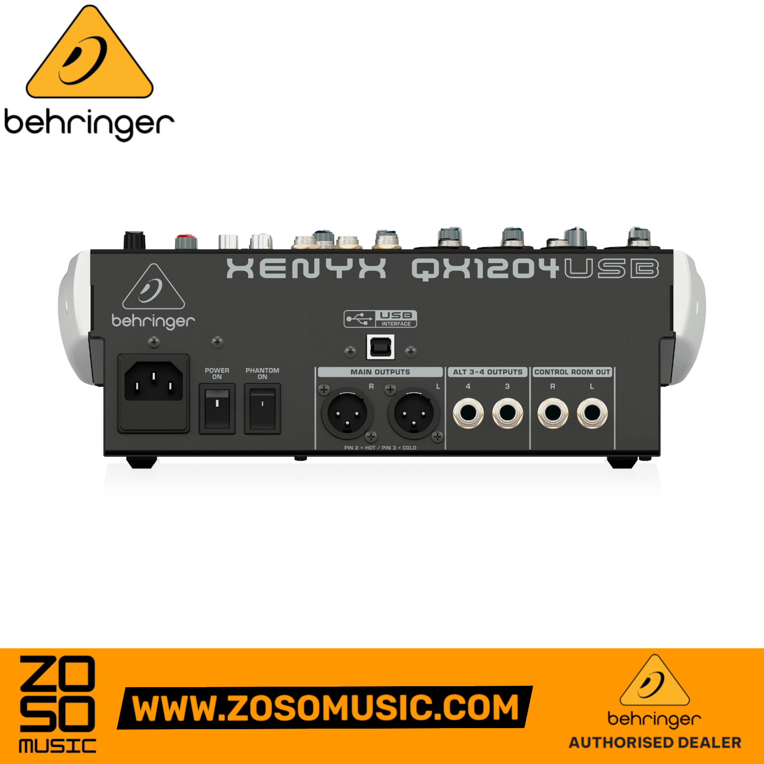 Rear panel of the Zoso Music Behringer Xenyx QX1204USB mixer showing XLR and TRS outputs, USB port, and power switches.