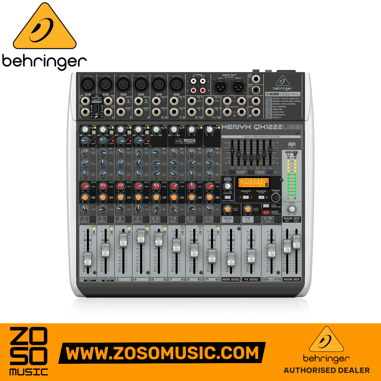 Zoso Music Behringer Xenyx QX1222USB 12-input analog mixer with USB interface, Klark Teknik FX, and graphic EQ.
