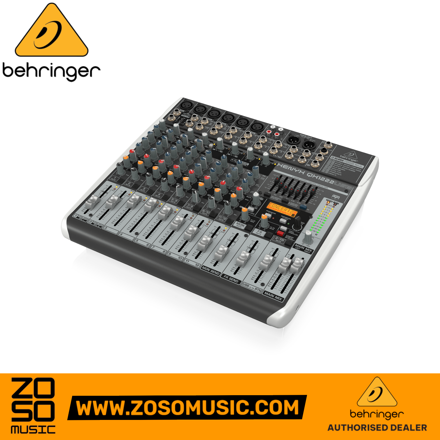 Zoso Music Behringer Xenyx QX1222USB 12-input analog mixer with USB interface, Klark Teknik FX, and graphic EQ.
