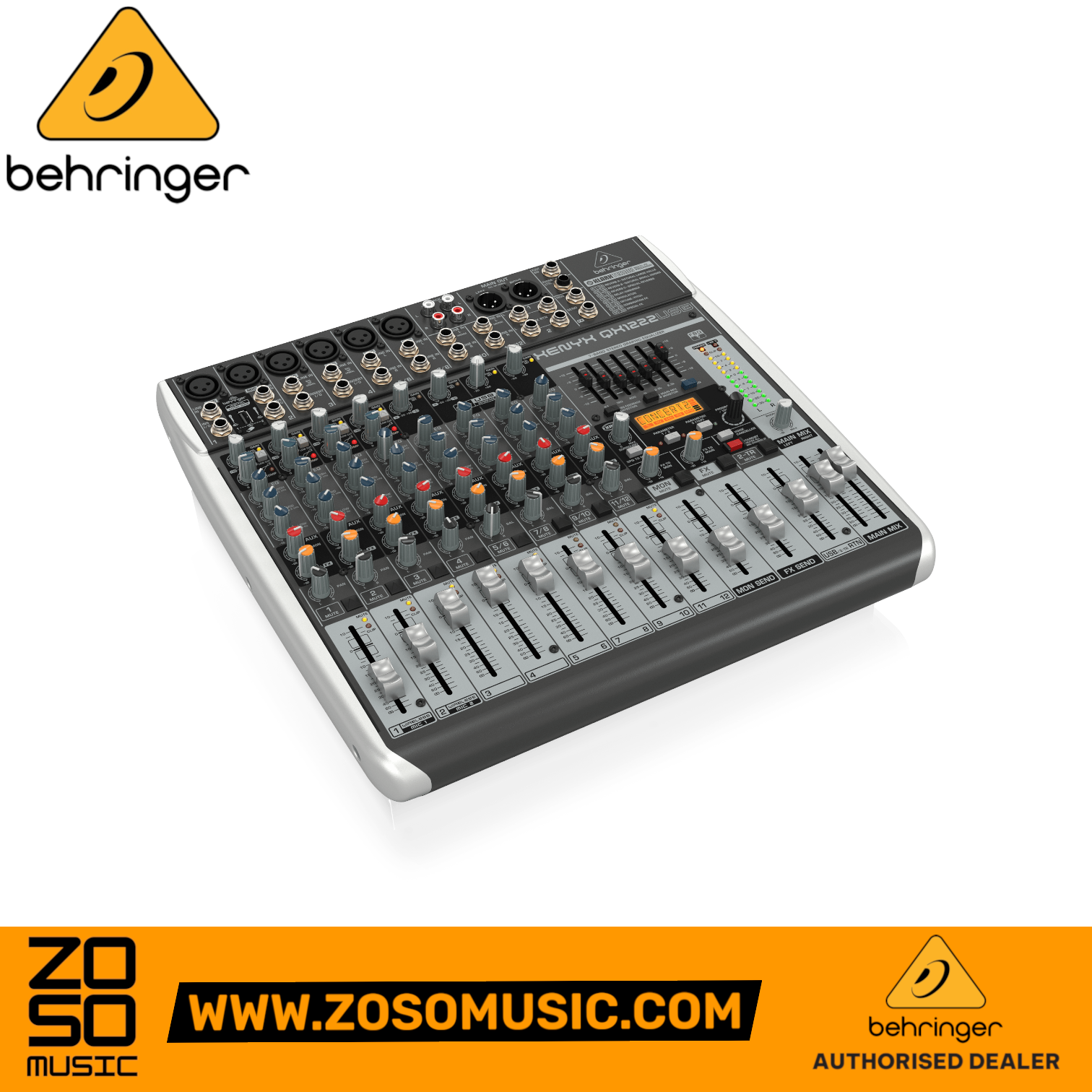 Zoso Music Behringer Xenyx QX1222USB 12-input analog mixer with USB interface, Klark Teknik effects, and graphic EQ.
