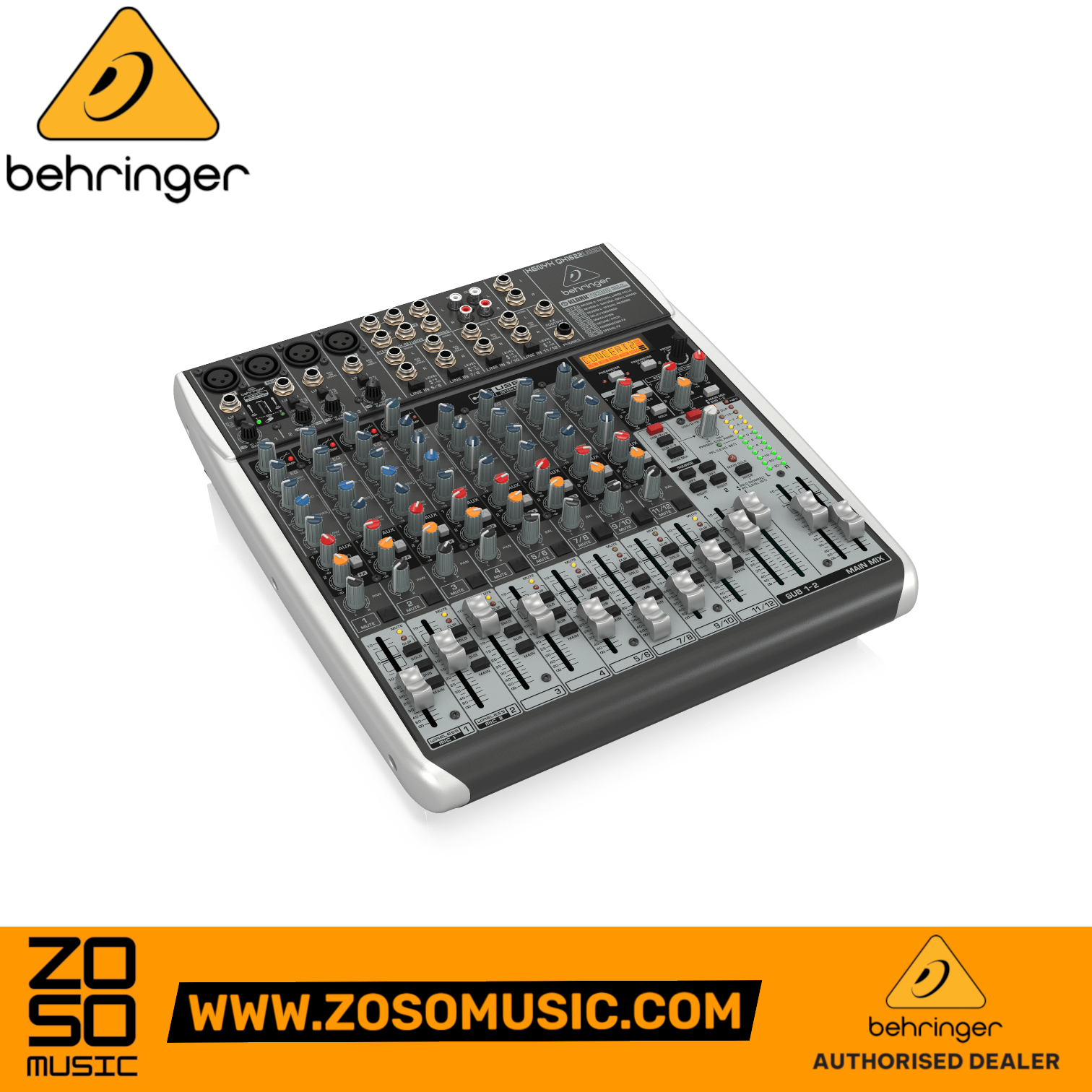 Zoso Music Behringer Xenyx QX1622USB 16-input analog mixer with USB interface and Klark Teknik effects processor.