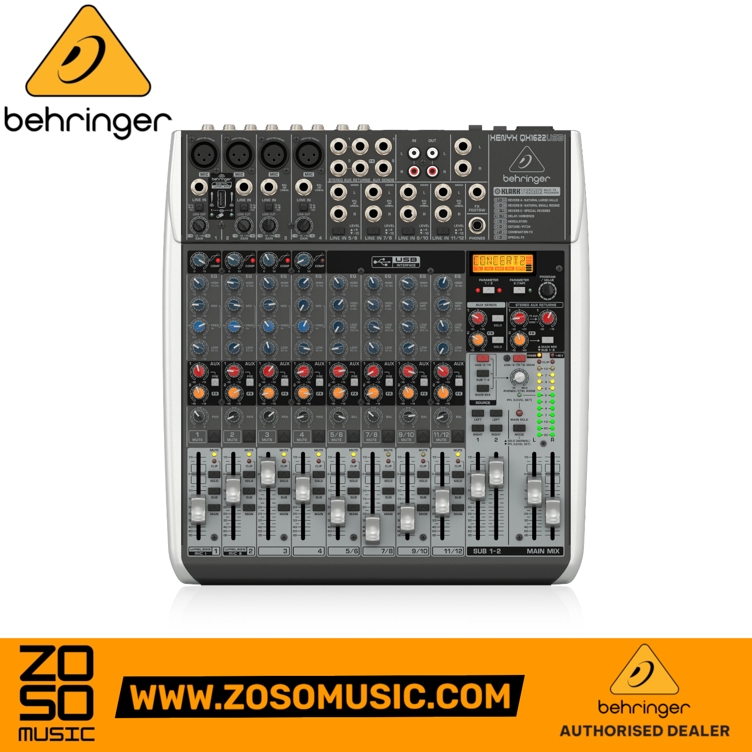 Zoso Music Behringer Xenyx QX1622USB 16-input analog mixer with USB interface, onboard effects, and fader controls.