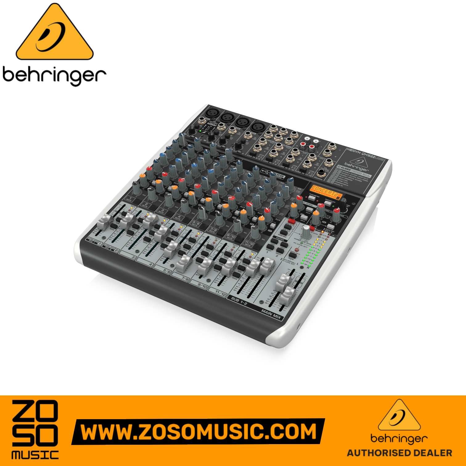 Zoso Music Behringer Xenyx QX1622USB 16-input analog mixer with USB interface, onboard effects, and fader controls.