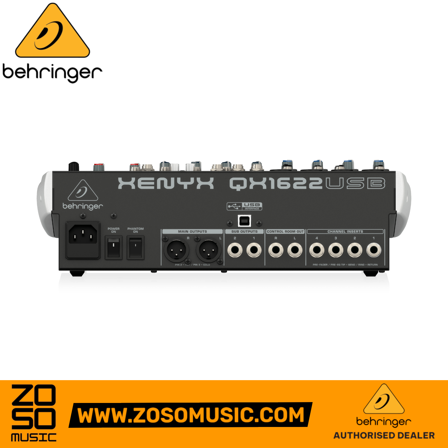 Zoso Music Behringer Xenyx QX1622USB mixer rear panel showing XLR outputs, USB interface, and channel inserts.