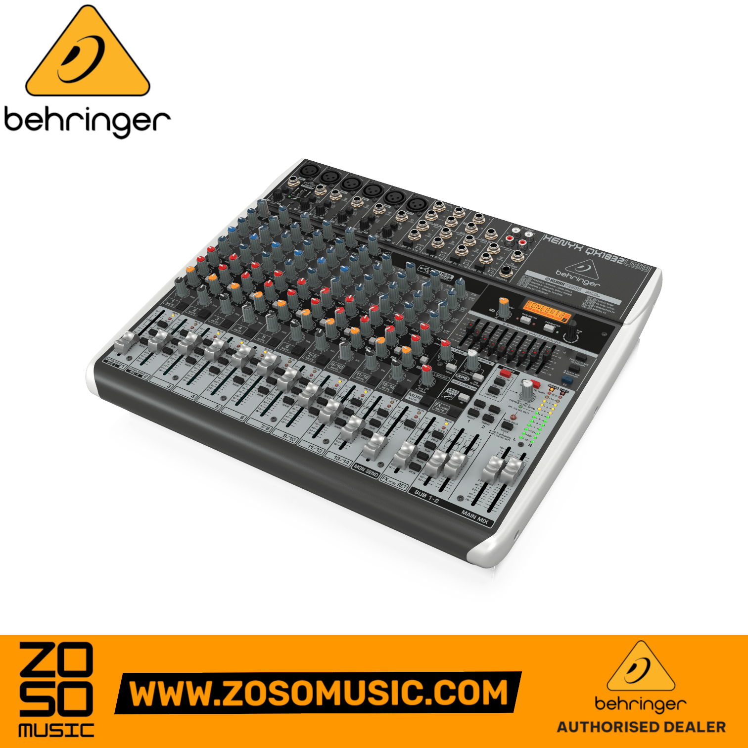 Zoso Music Behringer Xenyx QX1832USB 16-input analog mixer with USB interface, Klark Teknik FX, and graphic EQ.