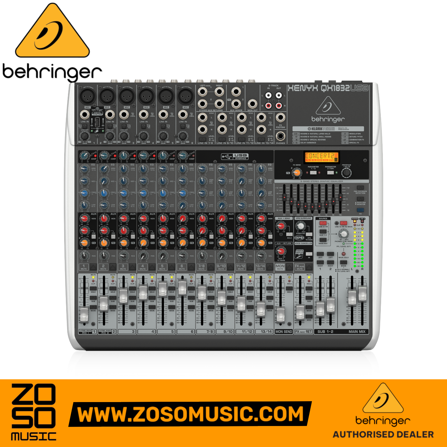 Zoso Music Behringer Xenyx QX1832USB analog mixer with 16 inputs, USB interface, and Klark Teknik effects processor.