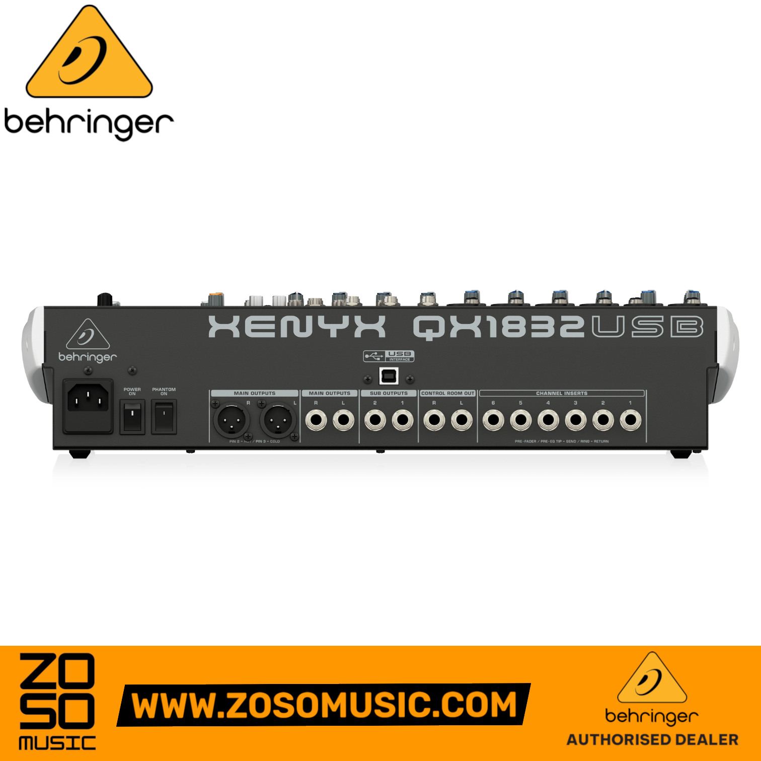 Zoso Music Behringer Xenyx QX1832USB analog mixer rear panel showing XLR and TRS input and output connections