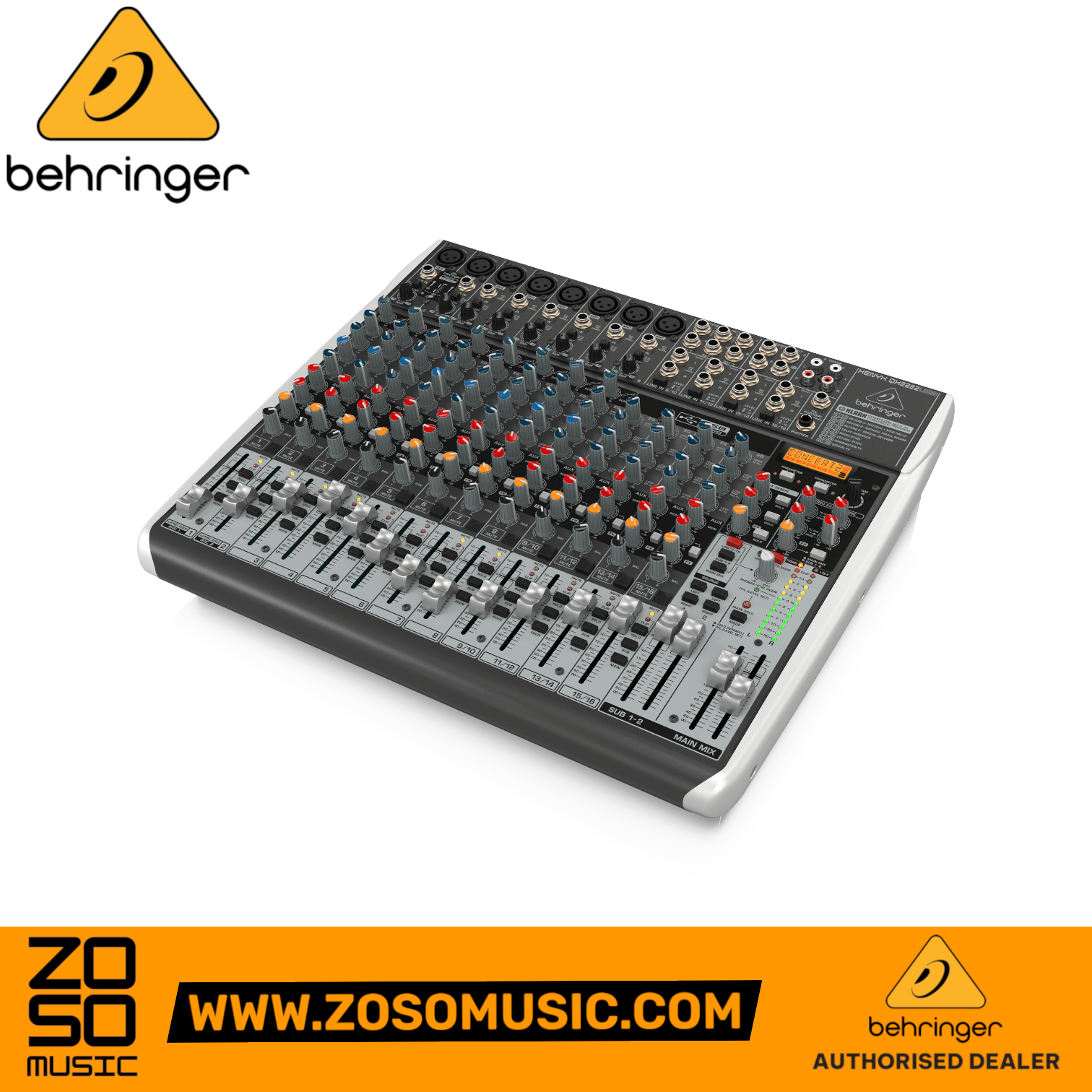 Zoso Music Behringer Xenyx QX2222USB audio mixer with USB interface and built-in effects on a white background